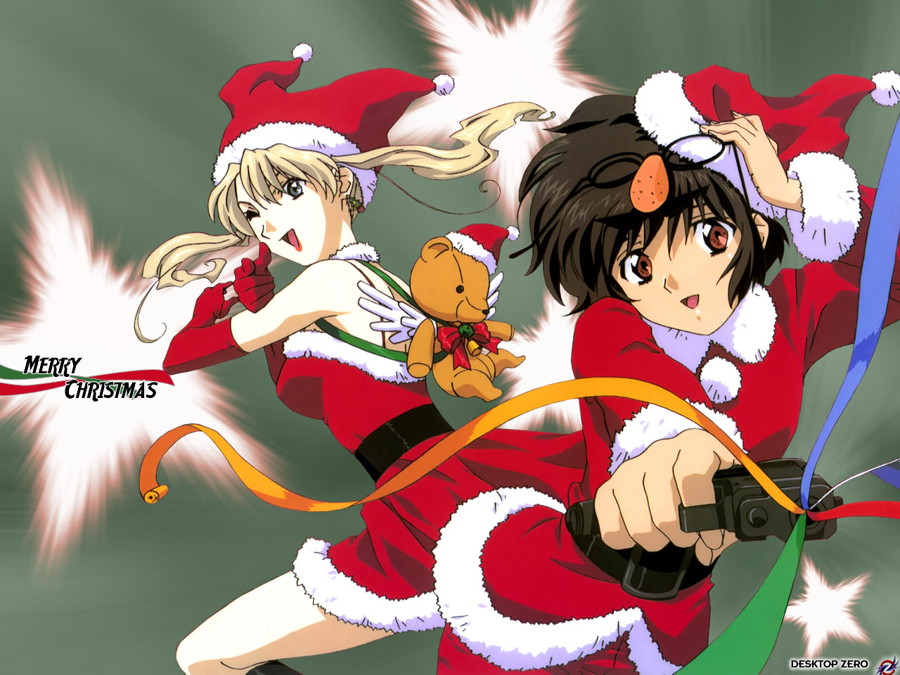 mireille bouquet, yuumura kirika, noir (anime), holidays, 00s, 2girls, black hair, blonde hair, christmas, hat, jester cap, long hair, multiple girls, santa costume, santa hat, short hair