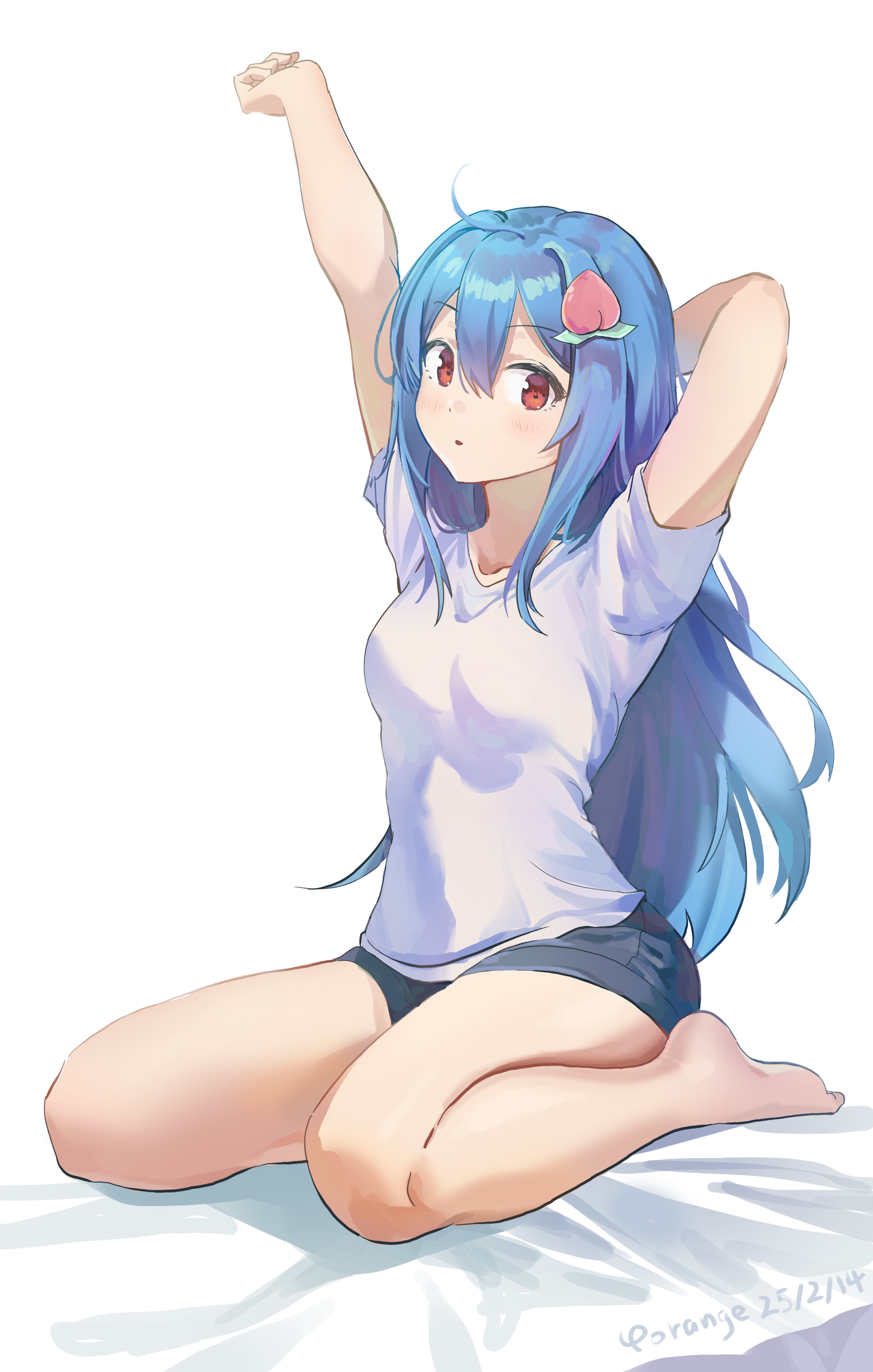 yorange17, hinanawi tenshi, touhou, absurdres, bilingual commentary, chinese commentary, commentary, english commentary, highres, mixed-language commentary, 1girl, alternate costume, artist name, barefoot, blue hair, breasts, dated, food-themed hair ornament, hair ornament, long hair, no headwear, peach hair ornament, red eyes, shirt, short sleeves, shorts, sitting, stretching, very long hair, wariza, white shirt