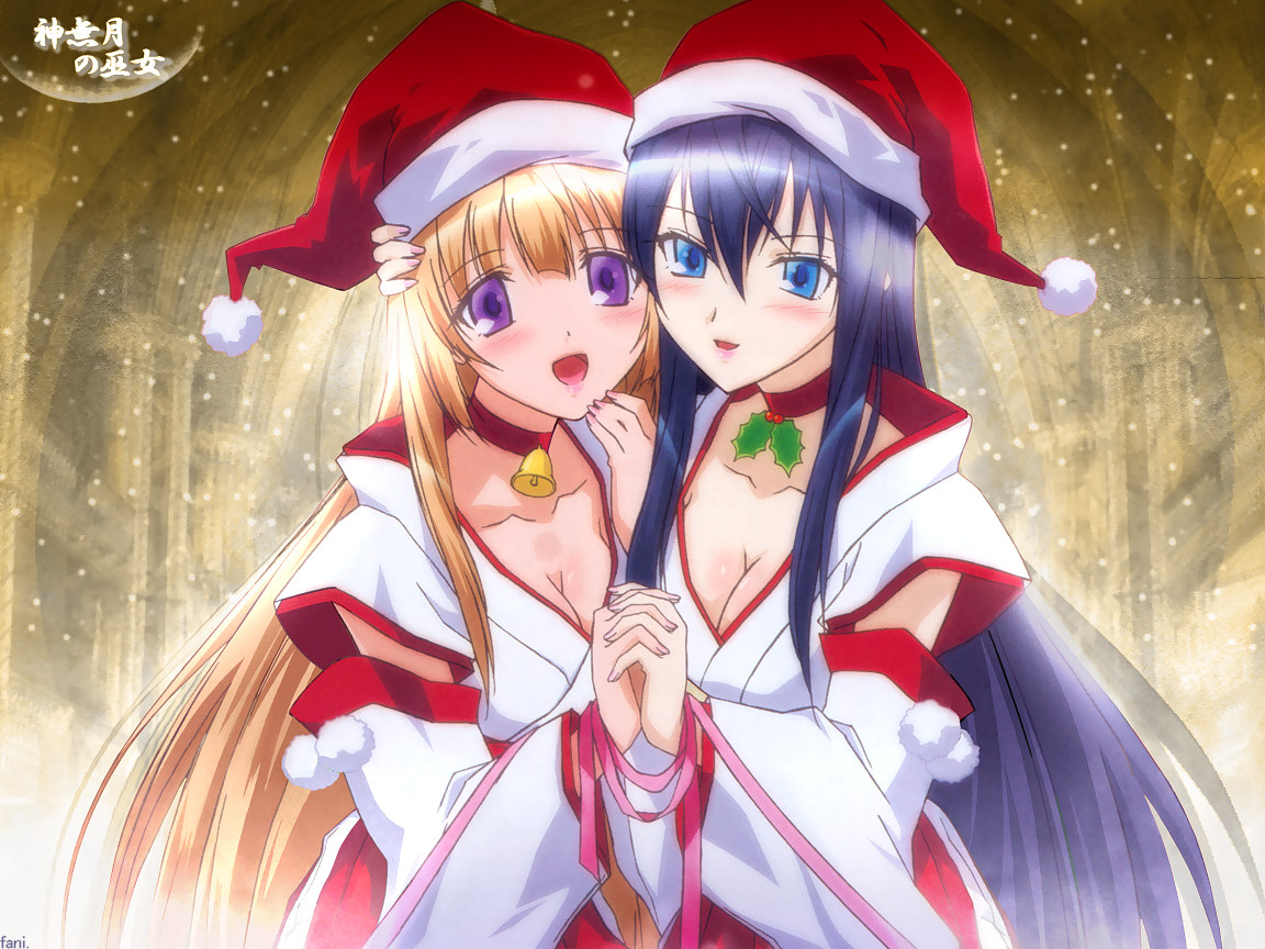 fujii maki, himemiya chikane, kurusugawa himeko, kannazuki no miko, holidays, light brown hair, official art, official wallpaper, 00s, 2girls, :d, alternate costume, bell, blue eyes, blue hair, blush, breasts, choker, christmas, cleavage, collarbone, copyright name, couple, detached sleeves, female focus, hair between eyes, hat, holding hands, holly, interlocked fingers, japanese clothes, jewelry, kimono, large breasts, long hair, medium breasts, miko, multiple girls, neck, neck bell, necklace, open mouth, pom pom (clothes), purple eyes, santa costume, santa hat, short sleeves, side-by-side, smile, string, string of fate, white detached sleeves, white kimono, yuri