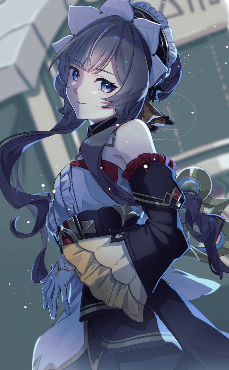 sandrone (genshin impact), genshin impact, highres, 1girl, bare shoulders, black dress, black sleeves, blue eyes, brown hair, detached collar, detached sleeves, dress, gloves, headdress, long sidelocks, sidelocks, smile, solo, strapless, strapless dress, two-tone dress, white dress, white gloves, white headdress, yuk0