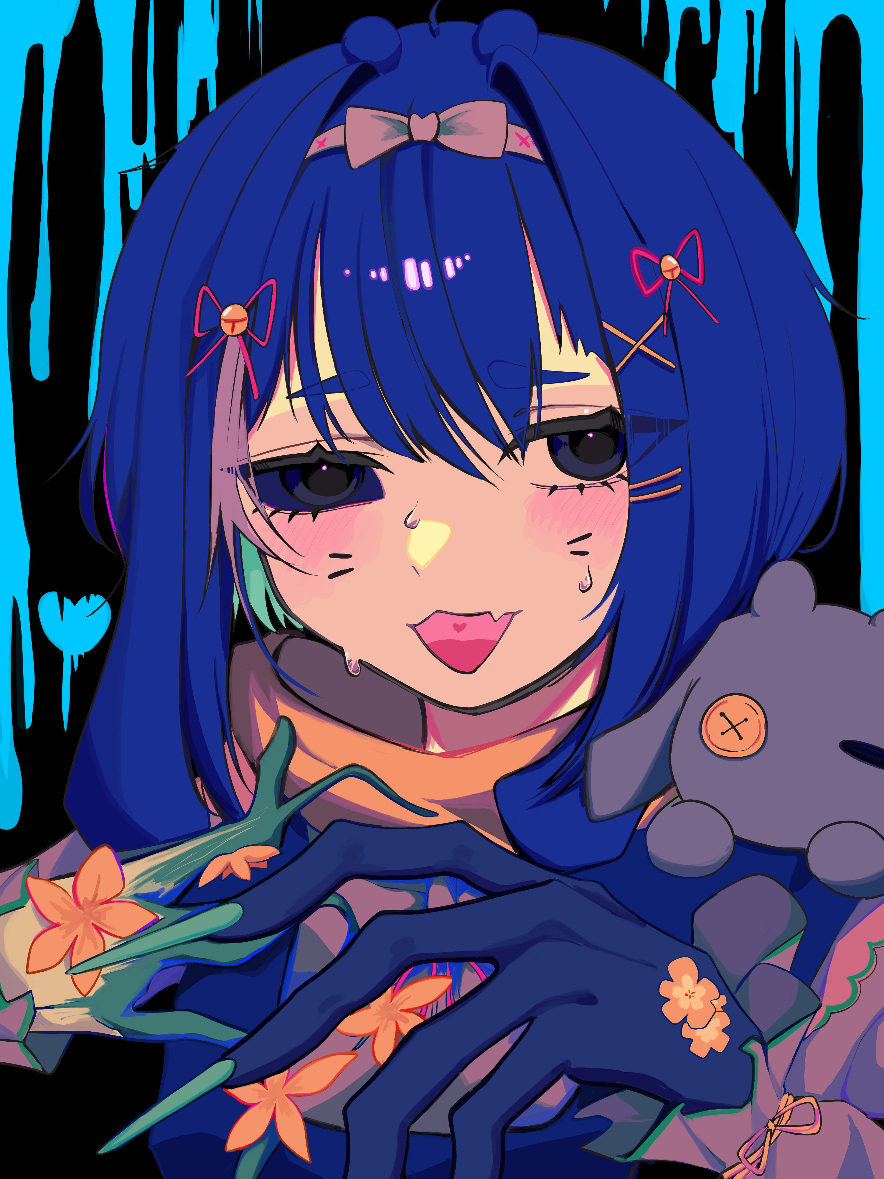 absurdres, character request, copyright request, highres, 1girl, black gloves, blue eyes, blue hair, blue sclera, bow, buttons, colored sclera, fang, flower, gloves, hair bow, orange flower, portrait, raique, skin fang, solo, stuffed animal, stuffed toy