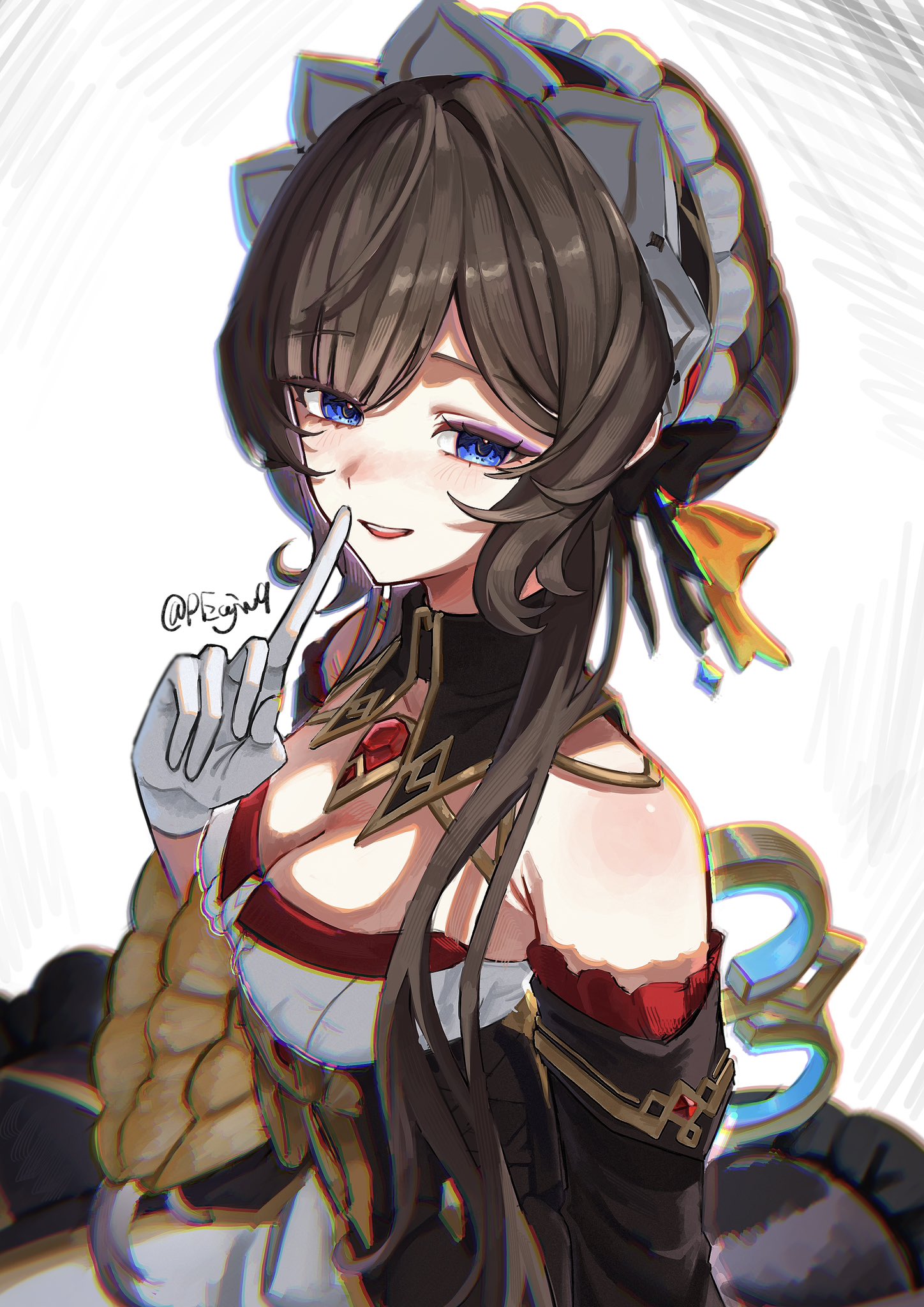sandrone (genshin impact), genshin impact, highres, 1girl, artist name, bare shoulders, black dress, black sleeves, blue eyes, breasts, brown hair, cleavage, detached sleeves, dress, gloves, headdress, index finger raised, long sidelocks, looking at viewer, medium breasts, parted lips, peujw9, sidelocks, smile, solo, strapless, strapless dress, twitter username, two-tone dress, upper body, white dress, white gloves, white headdress