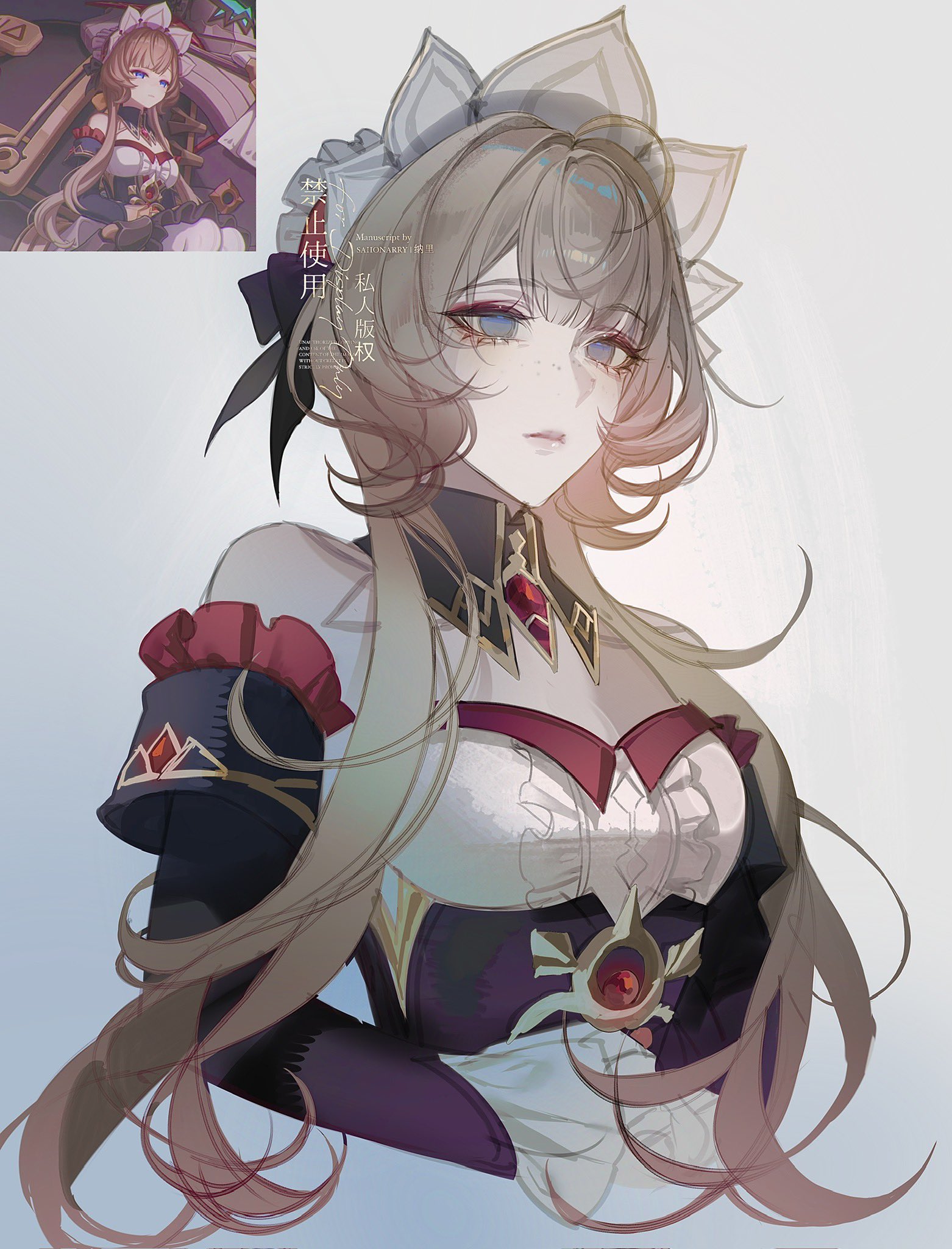 saii0narry, sandrone (genshin impact), genshin impact, highres, 1girl, bare shoulders, black collar, black dress, black sleeves, blue eyes, brown hair, collar, detached collar, detached sleeves, dress, empty eyes, game screenshot inset, gloves, grey background, headdress, long sidelocks, sidelocks, simple background, solo, two-tone dress, upper body, white dress, white gloves, white headdress