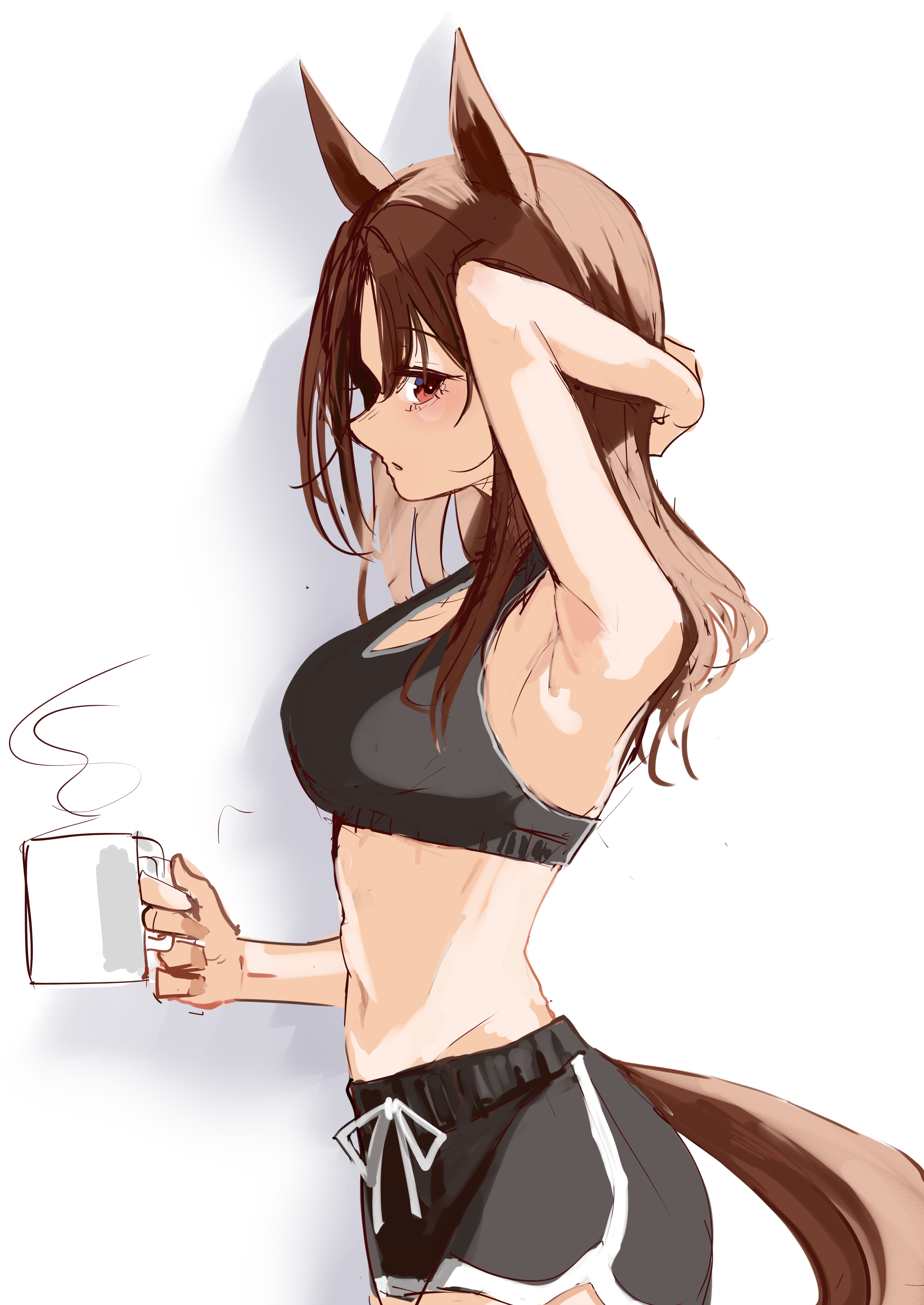 kakuteru sudachi, king halo (umamusume), umamusume, absurdres, commentary request, highres, 1girl, animal ears, black sports bra, brown hair, coffee mug, cup, dolphin shorts, from side, holding, holding cup, horse ears, horse girl, horse tail, mug, navel, shorts, solo, sports bra, tail