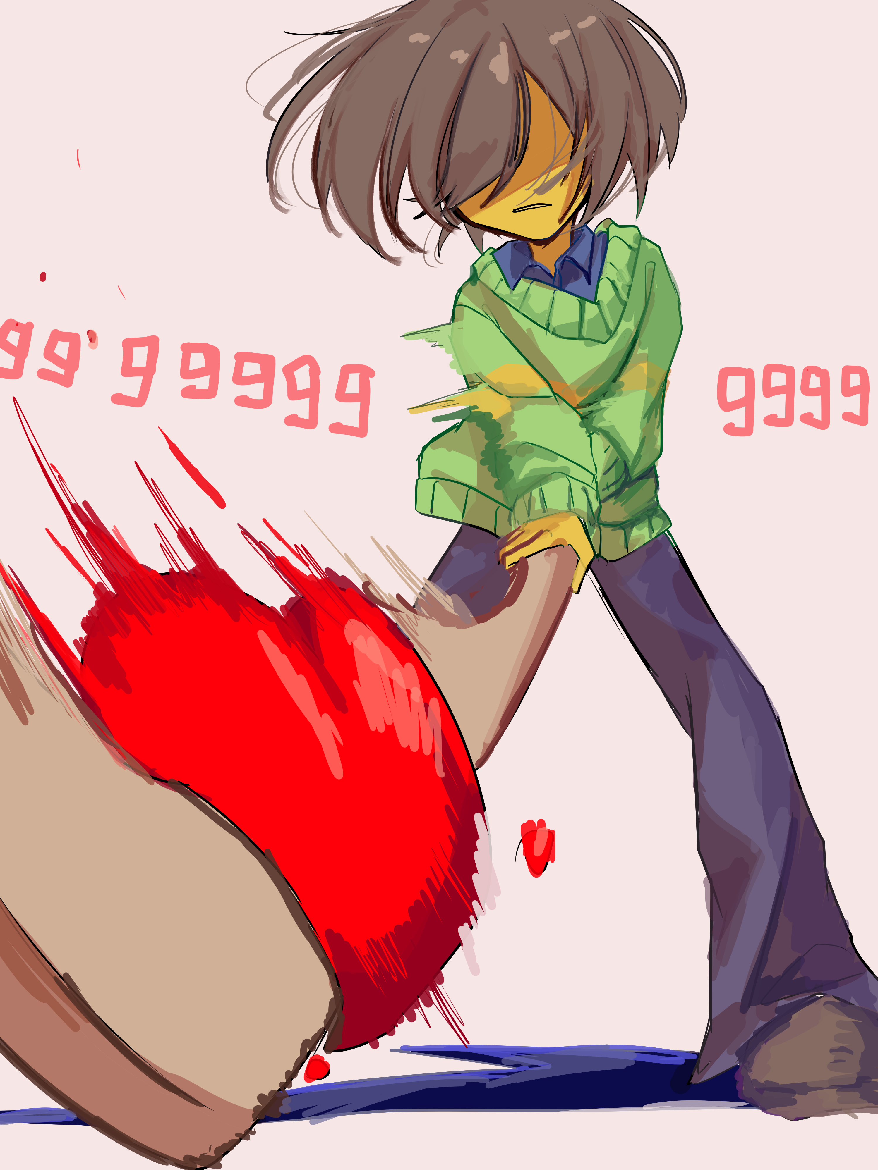 kris (deltarune), soul (deltarune), deltarune, utdr (toby fox), absurdres, commentary request, highres, 1other, black pants, black shirt, brown hair, collared shirt, colored skin, damage numbers, green sweater, hockey stick, holding hockey stick, pants, partially shaded face, raique, shirt, short hair, sweater, yellow skin