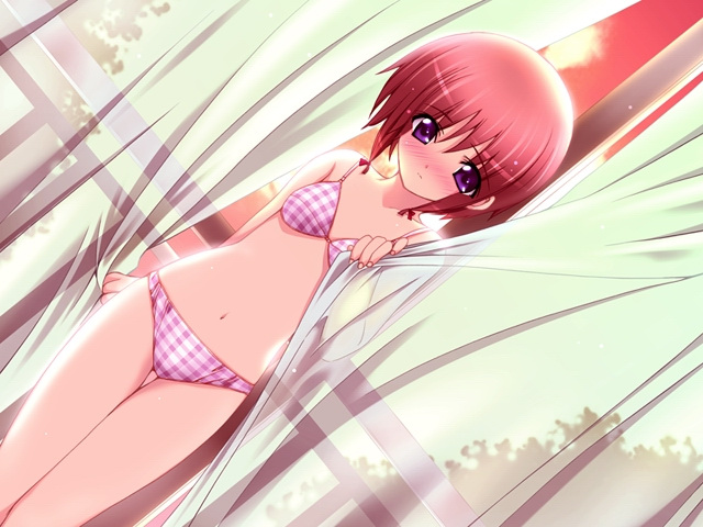 iizuki tasuku, hobo-san to issho!, game cg, 1girl, blush, bra, checkered clothes, checkered panties, covering privates, dutch angle, female focus, lingerie, navel, panties, pink panties, plaid bra, plaid clothes, plaid panties, purple eyes, red hair, short hair, solo, standing, thigh gap, thighs, underwear, underwear only