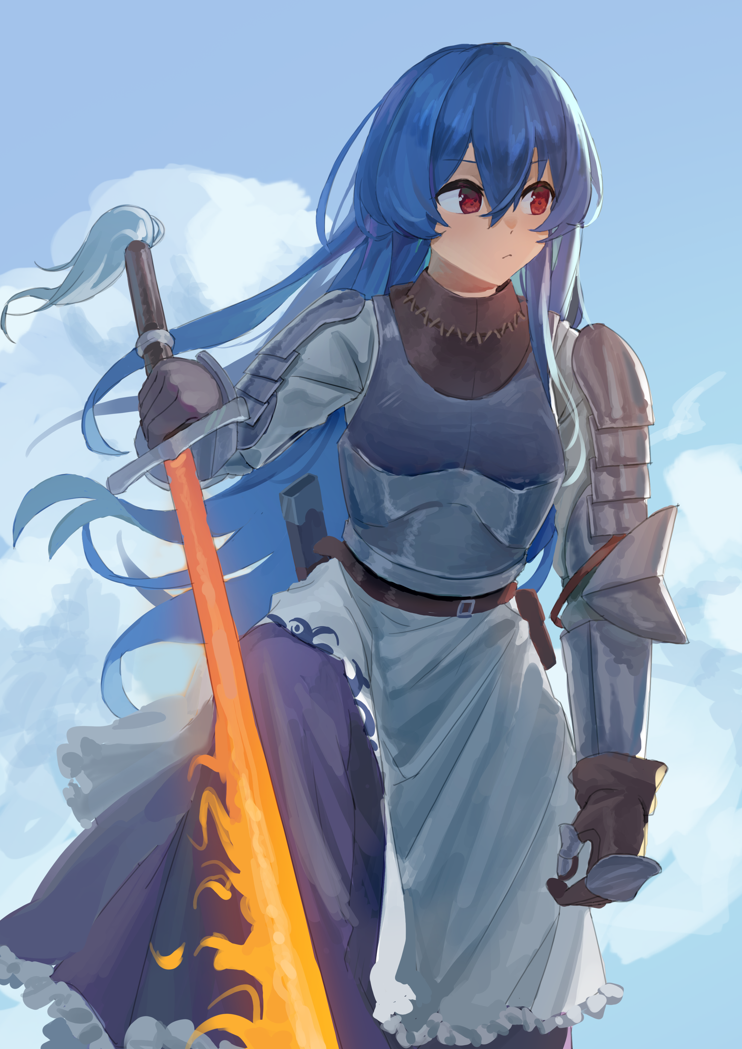 yorange17, hinanawi tenshi, touhou, absurdres, commentary, highres, 1girl, alternate costume, armor, belt, blue hair, breastplate, brown belt, closed mouth, fire, flaming sword, flaming weapon, gauntlets, holding, holding sword, holding weapon, long hair, no headwear, purple skirt, red eyes, skirt, solo, sword, sword of hisou, unsheathed, very long hair, weapon