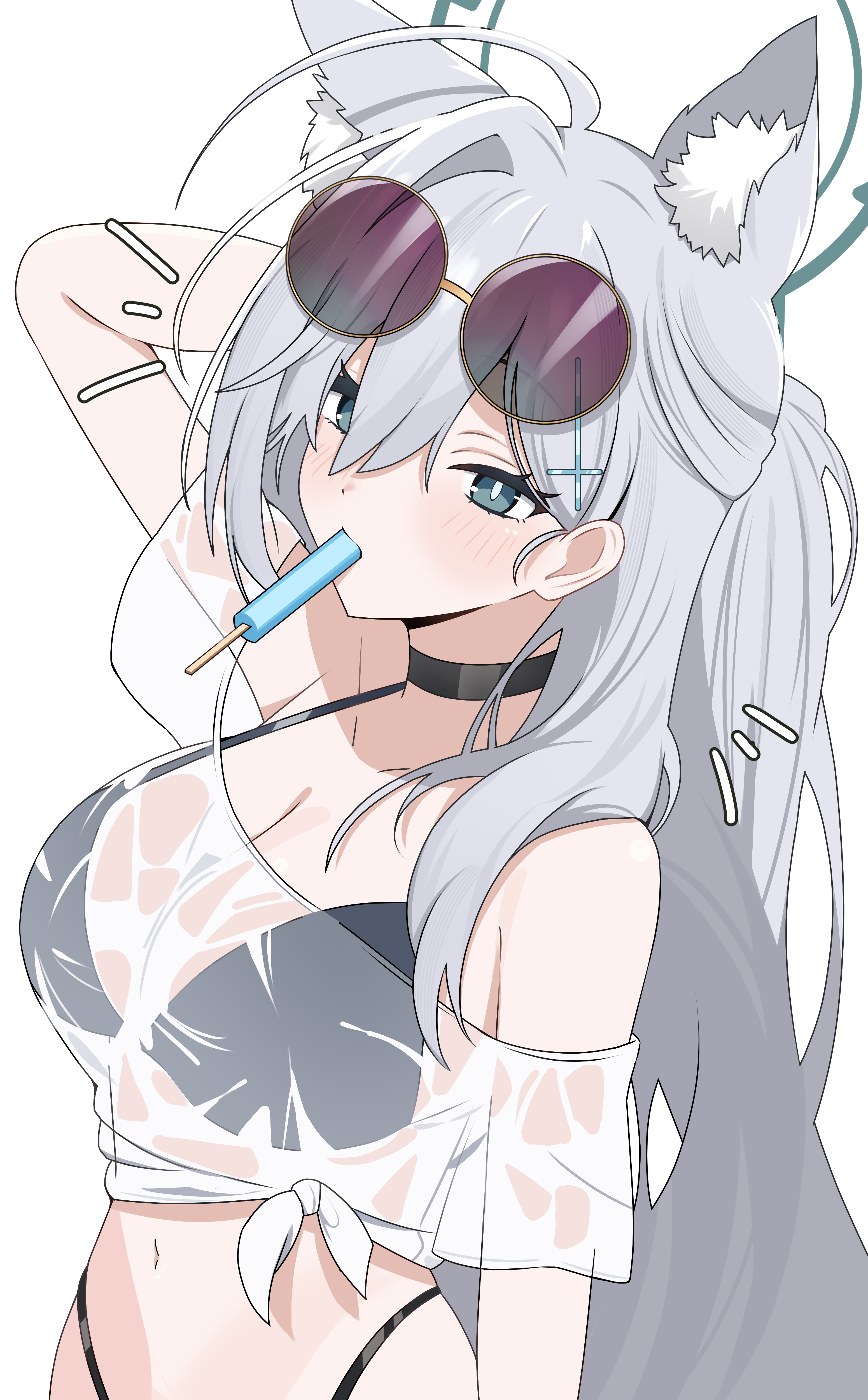 kanimiso30601, shiroko (blue archive), shiroko terror (blue archive), blue archive, absurdres, highres, 1girl, animal ear fluff, animal ears, bikini, bikini under clothes, black bikini, cross, cross hair ornament, dark halo, extra ears, food, food in mouth, grey hair, hair ornament, halo, inverted cross, navel, popsicle, popsicle in mouth, solo, swimsuit, wolf ears, wolf girl