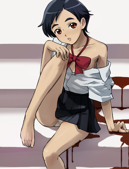 haruyama kazunori, otonashi saya, blood+, 00s, 1girl, :o, bare shoulders, barefoot, black hair, blood, blood on clothes, bow, bowtie, brown eyes, dress shirt, feet, female focus, miniskirt, no bra, open clothes, open shirt, panties, pantyshot, pleated skirt, pool of blood, school uniform, serafuku, shirt, shirt slip, short hair, sitting, skirt, solo, toes, underwear, upskirt, white panties