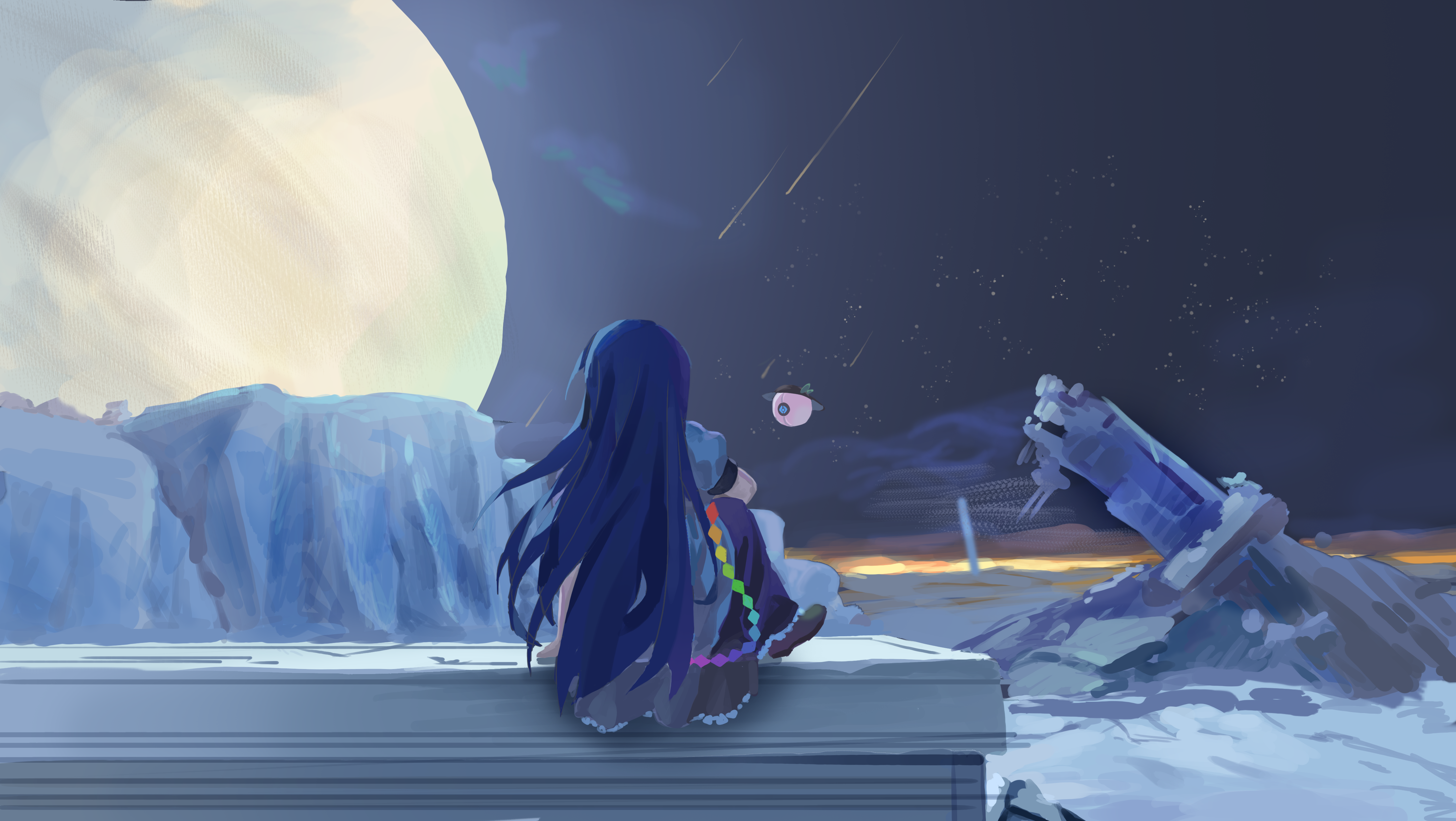 yorange17, hinanawi tenshi, destiny (game), touhou, absurdres, commentary, english commentary, highres, 1girl, blue hair, drone, europa (moon), long hair, night, night sky, outdoors, puffy short sleeves, puffy sleeves, purple skirt, rainbow order, shirt, short sleeves, sitting, skirt, sky, solo, star (sky), very long hair, white shirt