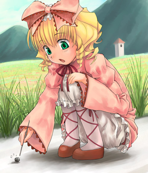 shirayuki shoushirou, hinaichigo, rozen maiden, cross-laced footwear, pink legwear, 00s, 1girl, :o, blonde hair, blue sky, bow, bug, day, dress, drill hair, female focus, full body, grass, green eyes, hair bow, lolita fashion, long sleeves, meadow, neck ribbon, open mouth, outdoors, pink bow, pink dress, red ribbon, ribbon, road, shoes, sky, solo, squatting, stick, tower, twin drills