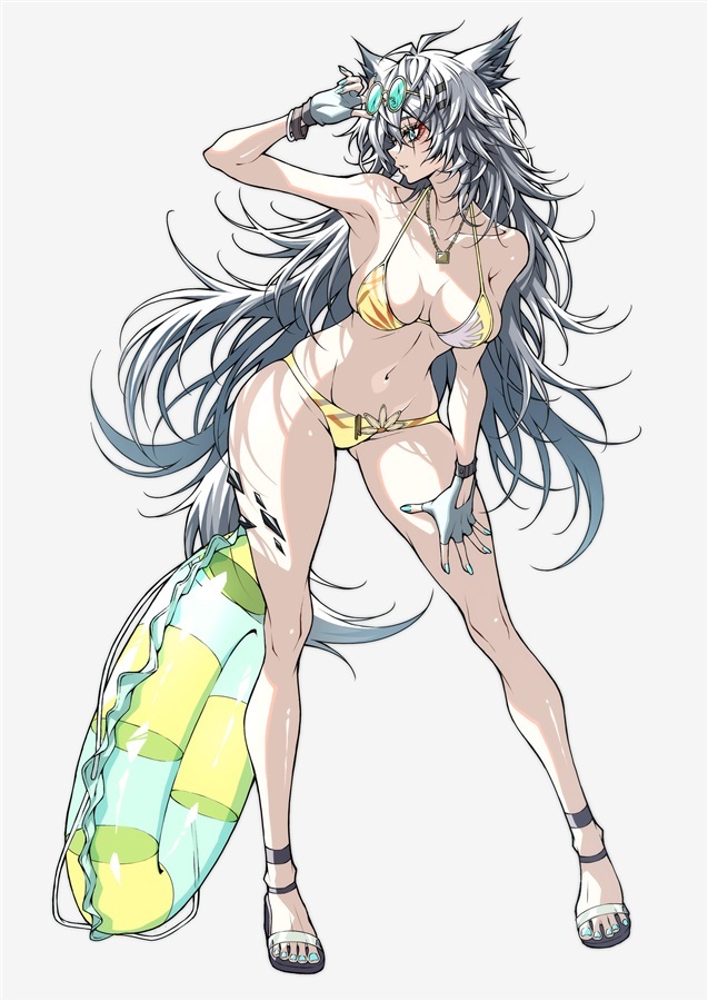 shokikanes, lappland (arknights), arknights, second-party source, 1girl, animal ears, bikini, fingerless gloves, gloves, grey hair, innertube, long hair, navel, sandals, standing, swim ring, swimsuit, very long hair, wolf ears