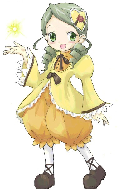 chaba (chabanyu), chaba, kanaria, rozen maiden, 00s, 1girl, blush, drill hair, female focus, flower, frills, full body, green eyes, green hair, hair ornament, heart, magic, matching hair/eyes, open mouth, pantyhose, rose, simple background, solo, standing, turtleneck, twin drills, twintails, white background, white pantyhose