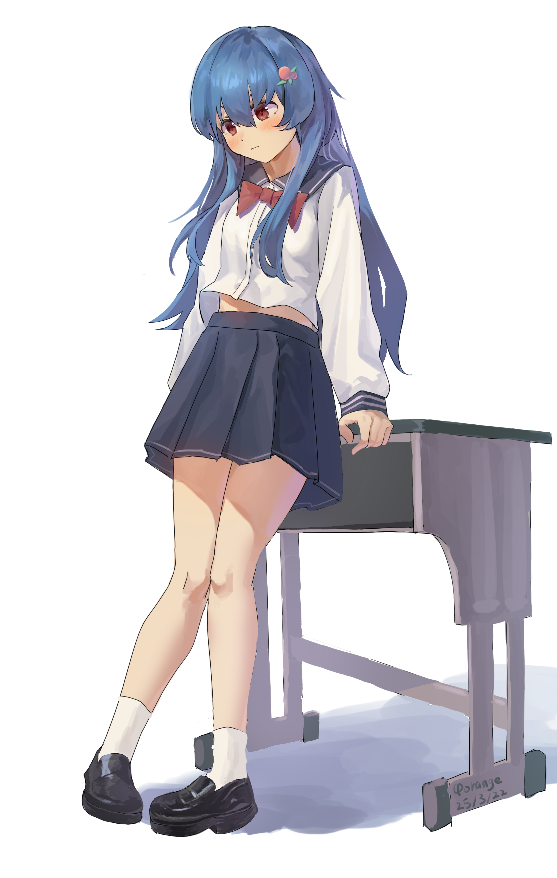 yorange17, hinanawi tenshi, touhou, absurdres, commentary, highres, 1girl, alternate costume, black shoes, black skirt, blue hair, blush, bow, bowtie, desk, food-themed hair ornament, full body, hair ornament, loafers, long hair, long sleeves, no headwear, peach hair ornament, red bow, red bowtie, red eyes, school desk, school uniform, shirt, shoes, simple background, skirt, socks, solo, very long hair, white background, white shirt, white socks