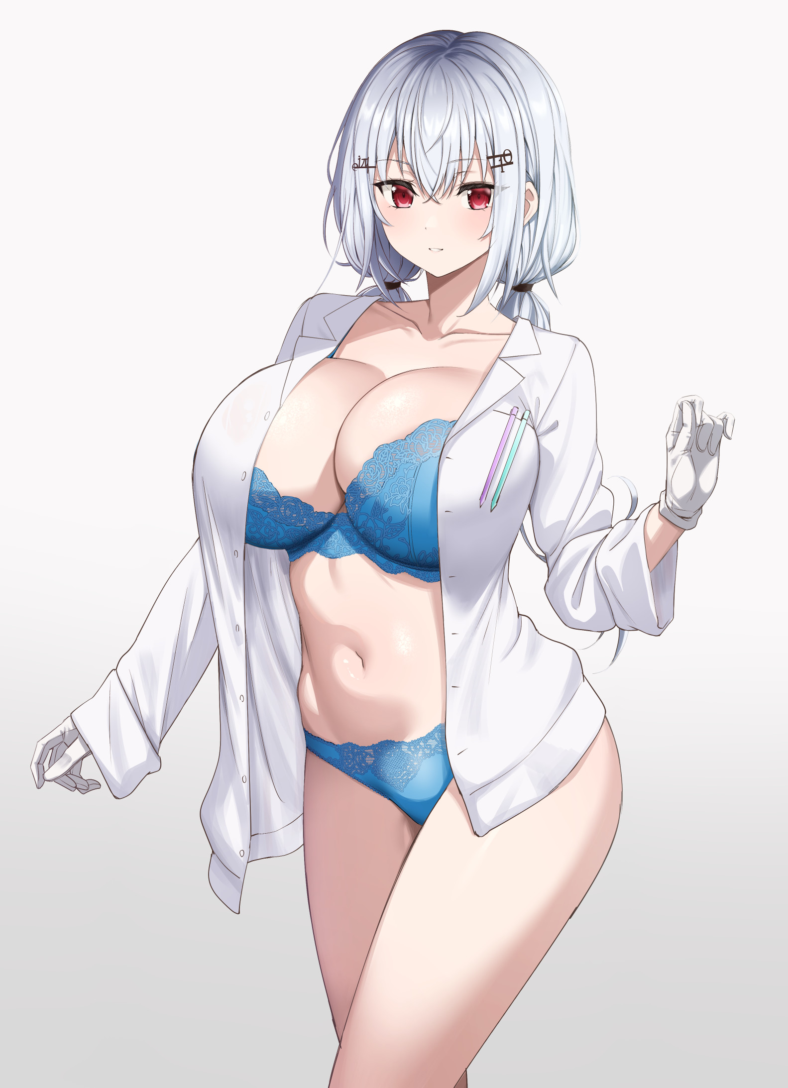 fuooooo, hakase fuyuki, nijisanji, commentary request, highres, variant set, 1girl, blue bra, blue panties, blush, bra, breasts, coat, gloves, grey hair, hair between eyes, hair ornament, huge breasts, lab coat, long hair, looking at viewer, low twintails, navel, open clothes, open coat, panties, pen, red eyes, simple background, solo, standing, stomach, thighs, twintails, underwear, virtual youtuber, white background, white gloves