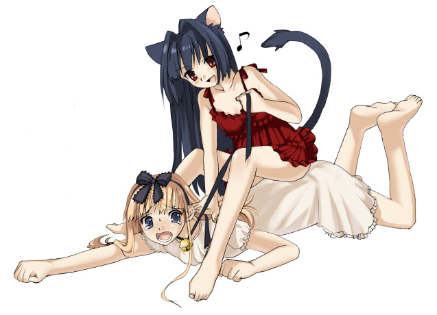 piyodera mucha, original, animal ears, barefoot, cat ears, cat tail, feet, simple background, sitting, tail, toes, white background