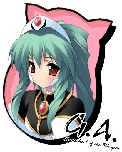 kantoku, normad, vanilla h, broccoli (company), galaxy angel, 00s, 1girl, expressionless, female focus, green hair, long hair, looking at viewer, red eyes, solo, tiara, upper body, very long hair