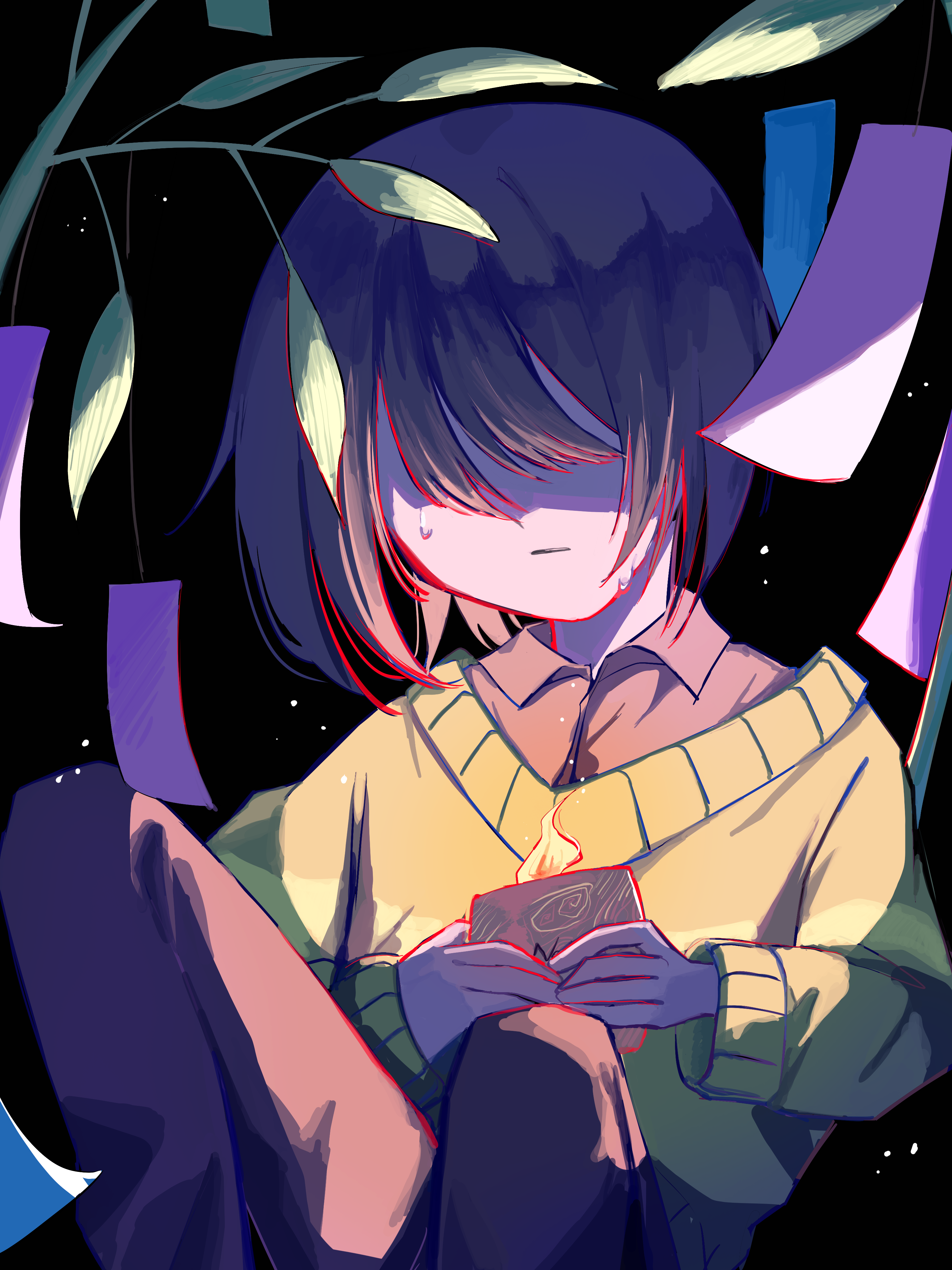 kris (deltarune), deltarune, utdr (toby fox), absurdres, commentary request, highres, 1other, black shirt, brown hair, collared shirt, fire, green sweater, holding, holding lantern, knees up, lantern, other focus, partially shaded face, raique, shirt, short hair, sitting, sweater, tanabata, tanzaku, tears