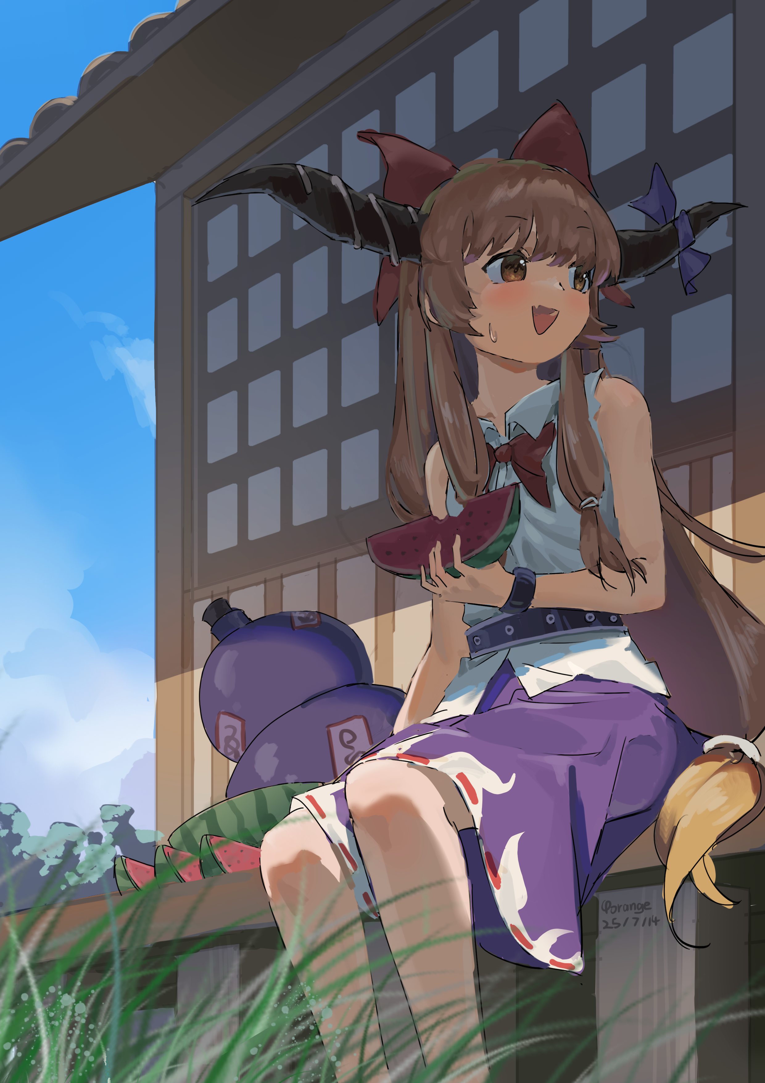 yorange17, ibuki suika, touhou, absurdres, commentary, highres, 1girl, artist name, blonde hair, blue sky, blush, bow, bowtie, brown eyes, brown horns, cloud, dated, day, food, fruit, gourd, grass, hair bow, holding, holding food, holding fruit, holding watermelon, horn ornament, horn ribbon, horns, long hair, oni, open mouth, purple skirt, red bow, red bowtie, ribbon, shirt, sitting, skirt, sky, smile, solo, sweatdrop, very long hair, watermelon, watermelon slice, white shirt