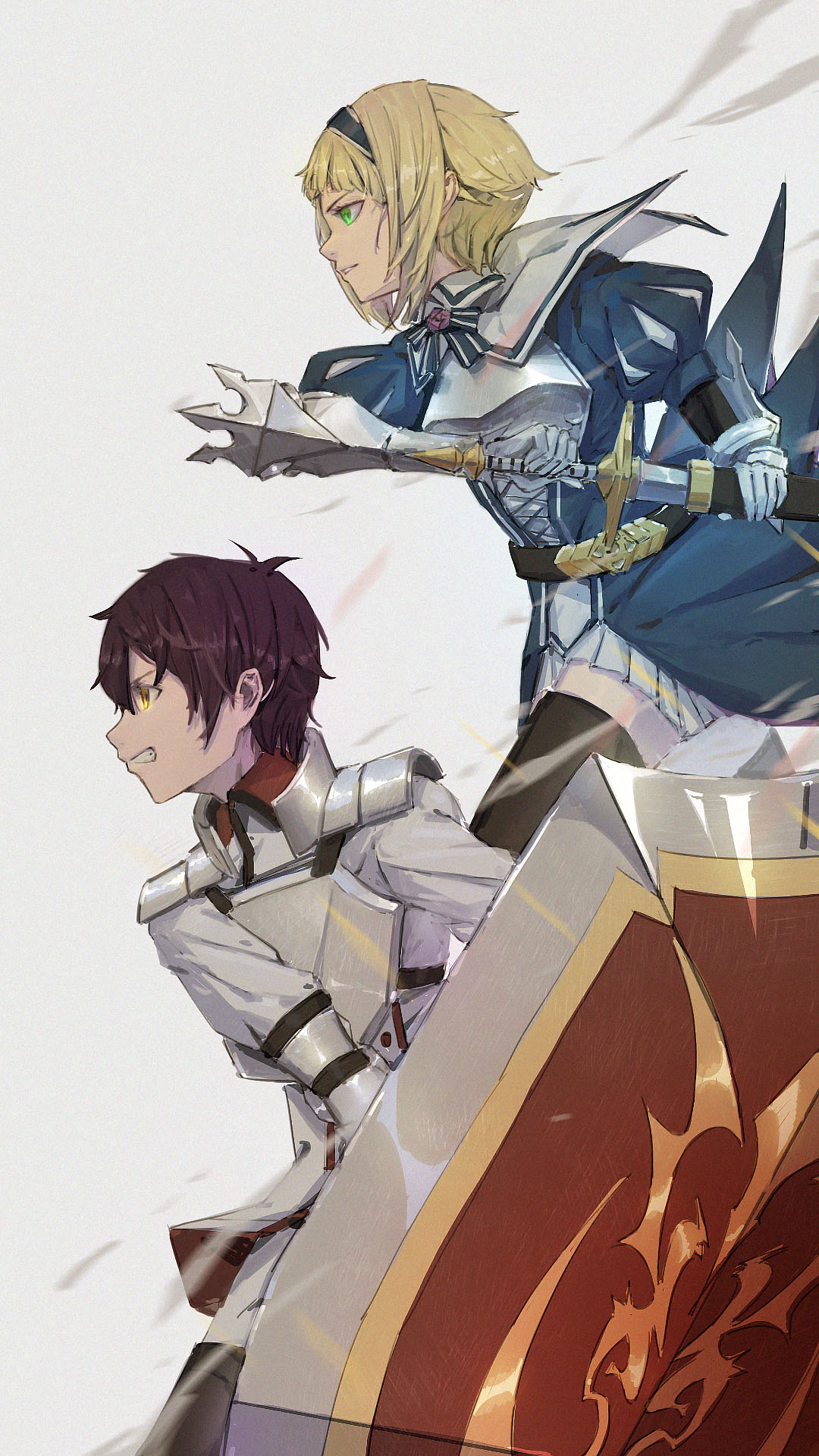 ro ka ro ka, carol (re:zero), re:zero kara hajimeru isekai seikatsu, highres, 1boy, 1girl, blonde hair, brown hair, capelet, cloak, green eyes, grey background, grimm (re:zero), headband, holding, holding sword, holding weapon, shield, short hair, sword, weapon, yellow eyes