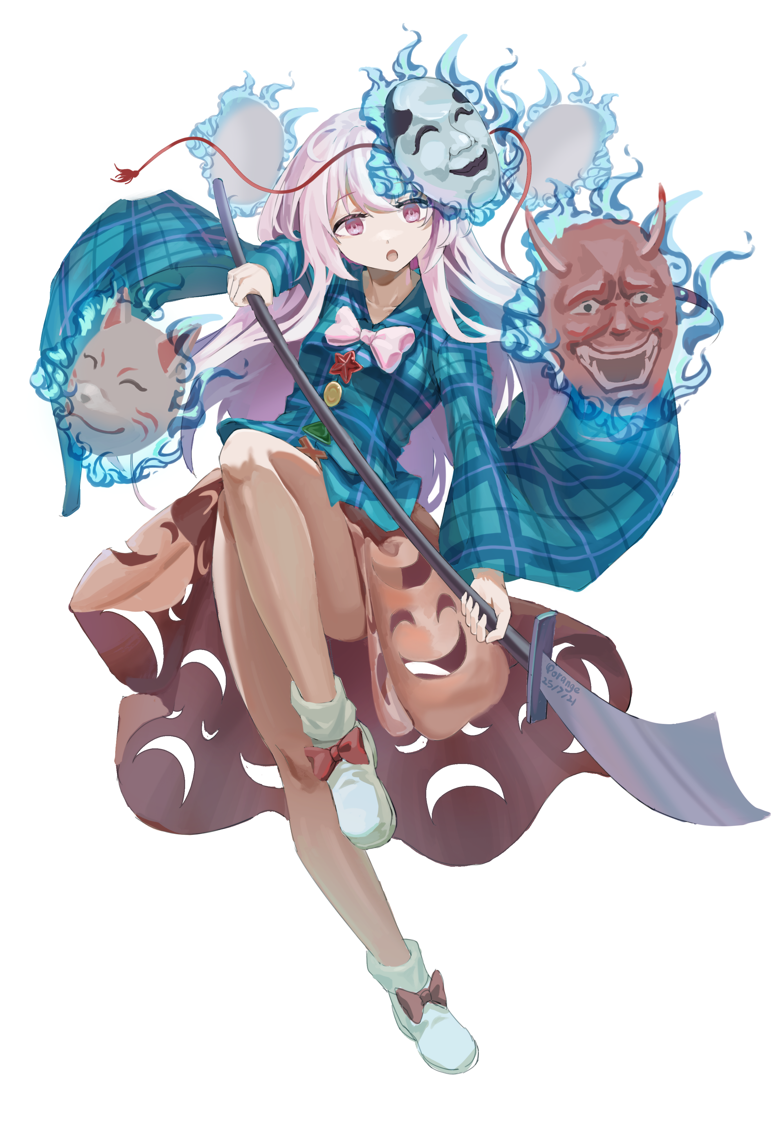 yorange17, hata no kokoro, touhou, absurdres, commentary, highres, 1girl, aqua shirt, blue fire, boots, bow, bowtie, buttons, fire, footwear bow, fox mask, full body, holding, holding polearm, holding weapon, leg up, long hair, long sleeves, looking at viewer, mask, mask on head, naginata, noh mask, oni mask, open mouth, orange skirt, pink bow, pink bowtie, pink eyes, pink hair, plaid clothes, plaid shirt, polearm, red bow, shirt, simple background, skirt, skirt cutout, solo, very long hair, weapon, white background, white boots, wide sleeves