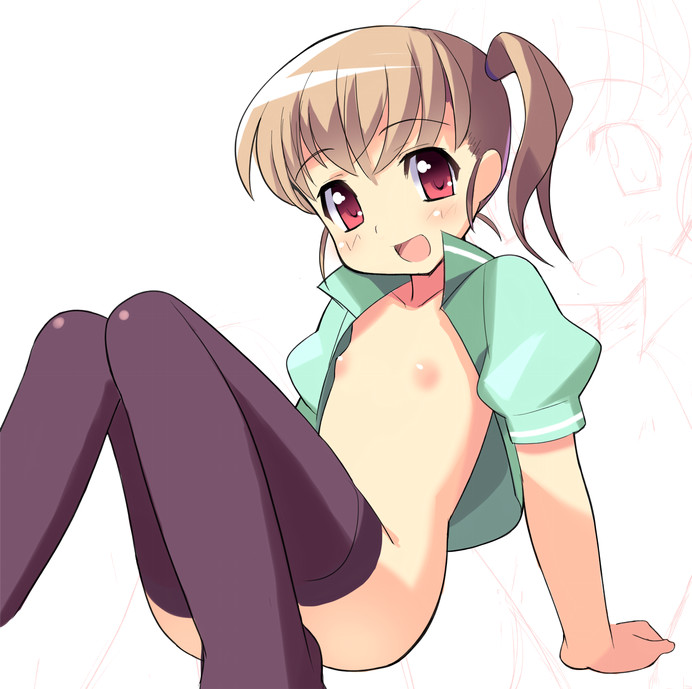 sikorsky, original, jpeg artifacts, 1girl, :d, arm support, blonde hair, blush, bottomless, brown hair, collarbone, convenient leg, crossed bangs, female focus, flat chest, green shirt, hair tie, knees together feet apart, knees up, legs, loli, looking at viewer, nipples, no bra, open clothes, open mouth, open shirt, ponytail, popped collar, puffy short sleeves, puffy sleeves, purple thighhighs, red eyes, shirt, short sleeves, side ponytail, simple background, smile, solo, split mouth, thighhighs, thighs, white background, zoom layer