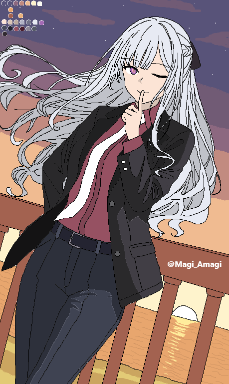 ak-12 (girls' frontline), ak-12 (lucia) (girls' frontline), girls' frontline, against railing, arm behind back, belt, black belt, black ribbon, collared shirt, finger to mouth, grey pants, jacket, magi amagi, ocean, one eye closed, pants, purple eyes, railing, red shirt, ribbon, shirt, suit jacket, sunset, white hair