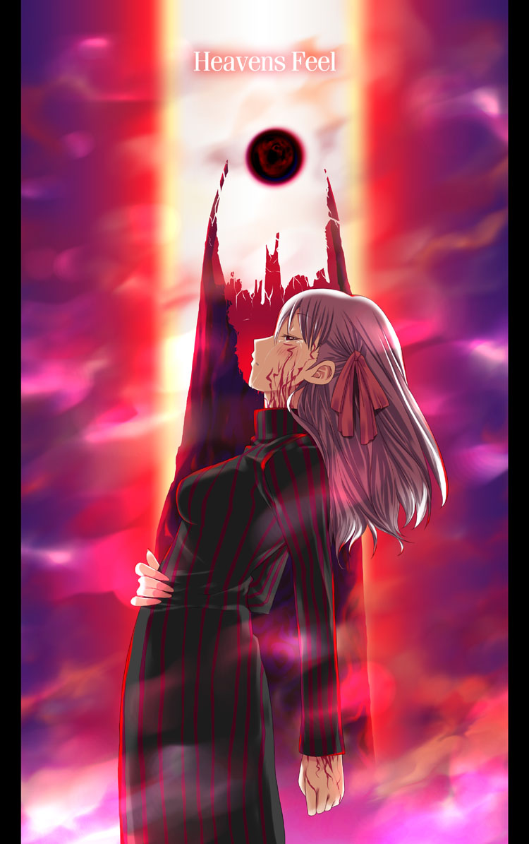 mizuki makoto, dark matou sakura, dark sakura, matou sakura, fate/stay night, fate (series), heavens feel, light purple hair, looking away, striped, tired, 00s, 1girl, arched back, corruption, crying, english text, female focus, hair ribbon, long hair, looking at viewer, one side up, profile, red sky, ribbon, sky, solo, standing, tears, turtleneck, vertical stripes