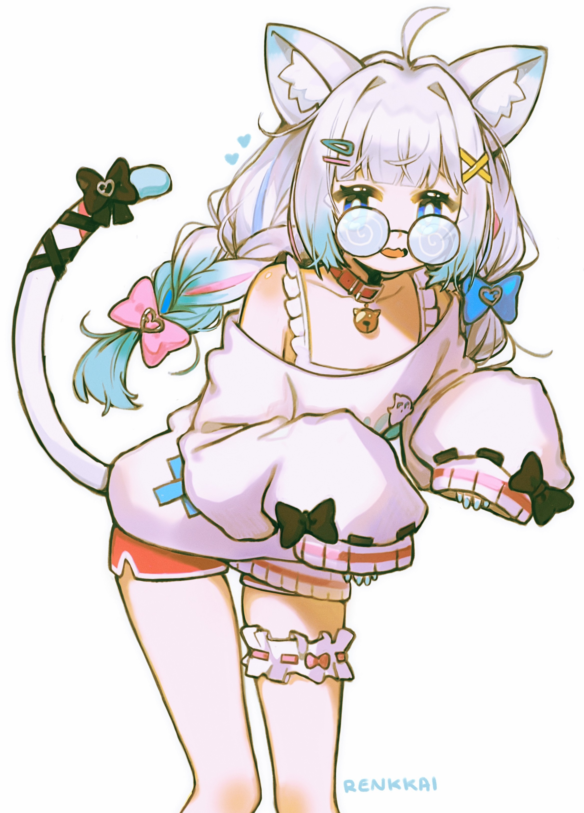 renkkai, mint fantome, mint fantome (otaku), indie virtual youtuber, absurdres, commentary, english commentary, highres, 1girl, ahoge, animal ear fluff, animal ears, aqua hair, aqua nails, artist name, bare shoulders, bell, black bow, blue bow, blue eyes, blunt bangs, bow, braid, camisole, cat ears, cat girl, cat tail, coke-bottle glasses, collar, crooked eyewear, dolphin shorts, frilled camisole, frilled thigh strap, frills, ghost pose, glasses, gradient hair, hair bow, hair intakes, hair ornament, hairclip, heart, jingle bell, long hair, long sleeves, looking at viewer, low-tied long hair, multicolored hair, nail polish, neck bell, off-shoulder sweater, off shoulder, open mouth, pink bow, pink shorts, red collar, shorts, simple background, sleeve bow, sleeves past wrists, solo, standing, sweater, tail, tail bow, tail ornament, thigh strap, twin braids, virtual youtuber, white background, white camisole, white hair, white sweater, x hair ornament