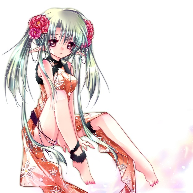 ichiyou moka, original, 1girl, barefoot, china dress, chinese clothes, dress, elf, female focus, green hair, grey eyes, long hair, pointy ears, solo