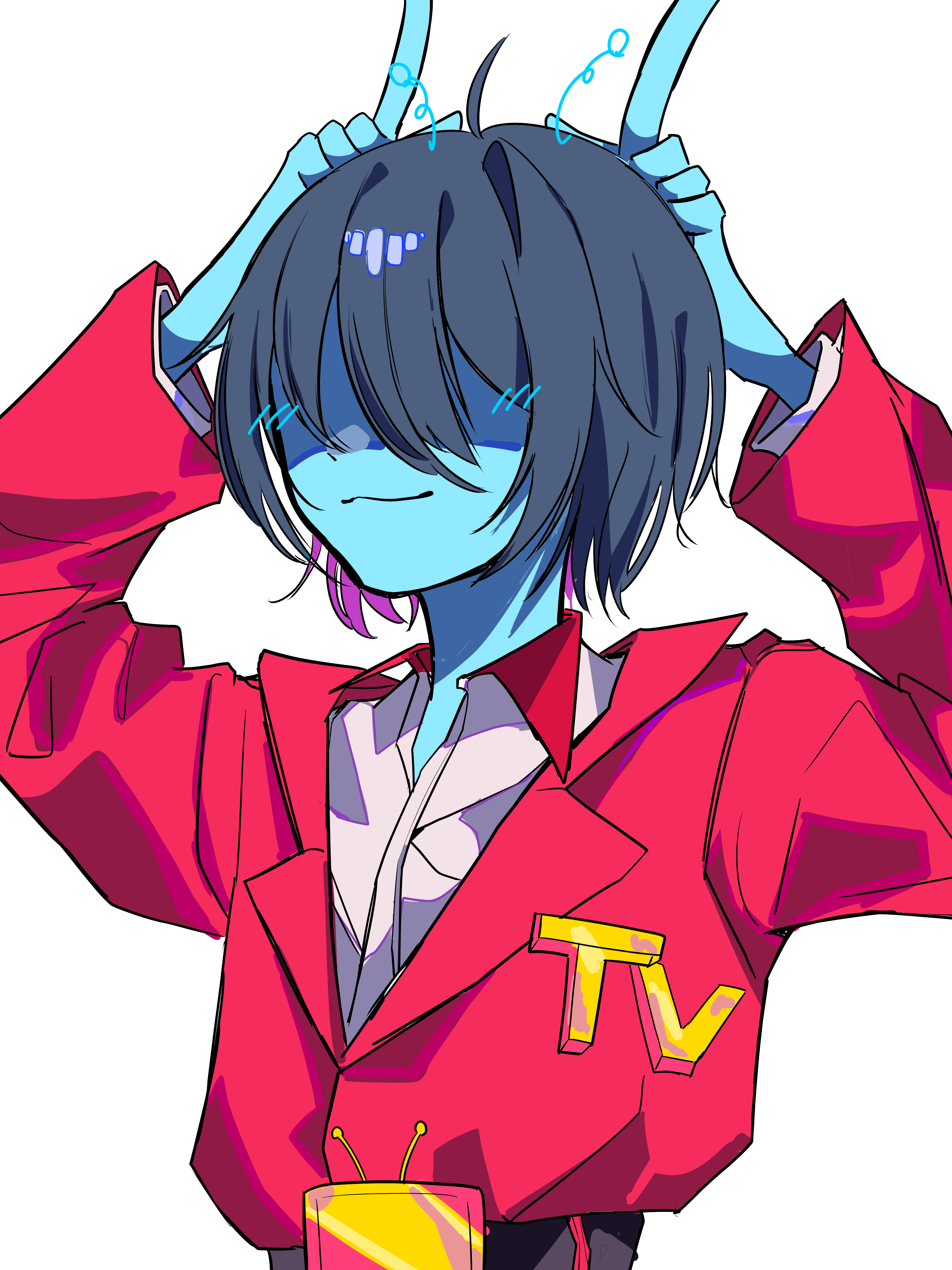 ant tenna, kris (dark world) (deltarune), kris (deltarune), deltarune, utdr (toby fox), absurdres, commentary request, highres, 1other, ant tenna (cosplay), belt, black belt, black hair, blue skin, collared shirt, colored skin, cosplay, horns pose, jacket, other focus, raique, red jacket, shirt, short hair, solo, upper body, white shirt