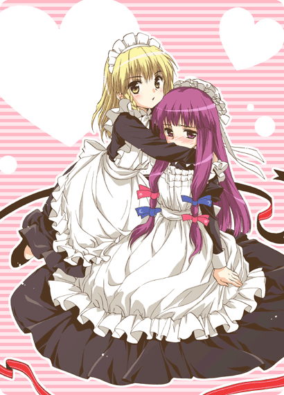 sato-pon, kirisame marisa, patchouli knowledge, touhou, >:o, 2girls, :o, alternate costume, apron, black dress, blonde hair, blush, bow, dress, enmaided, female focus, front ponytail, hair bow, heart, high heels, hug, kneeling, long hair, looking at viewer, maid, maid apron, maid headdress, multiple girls, nose blush, pink bow, pumps, purple eyes, purple hair, ribbon, seiza, sidelocks, sitting, v-shaped eyebrows, yellow eyes