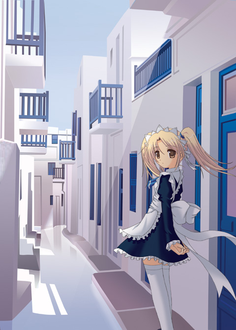 aikawa touma, original, city, day, door, maid, outdoors, reflection, solo, standing, thighhighs, twintails, white thighhighs, zettai ryouiki