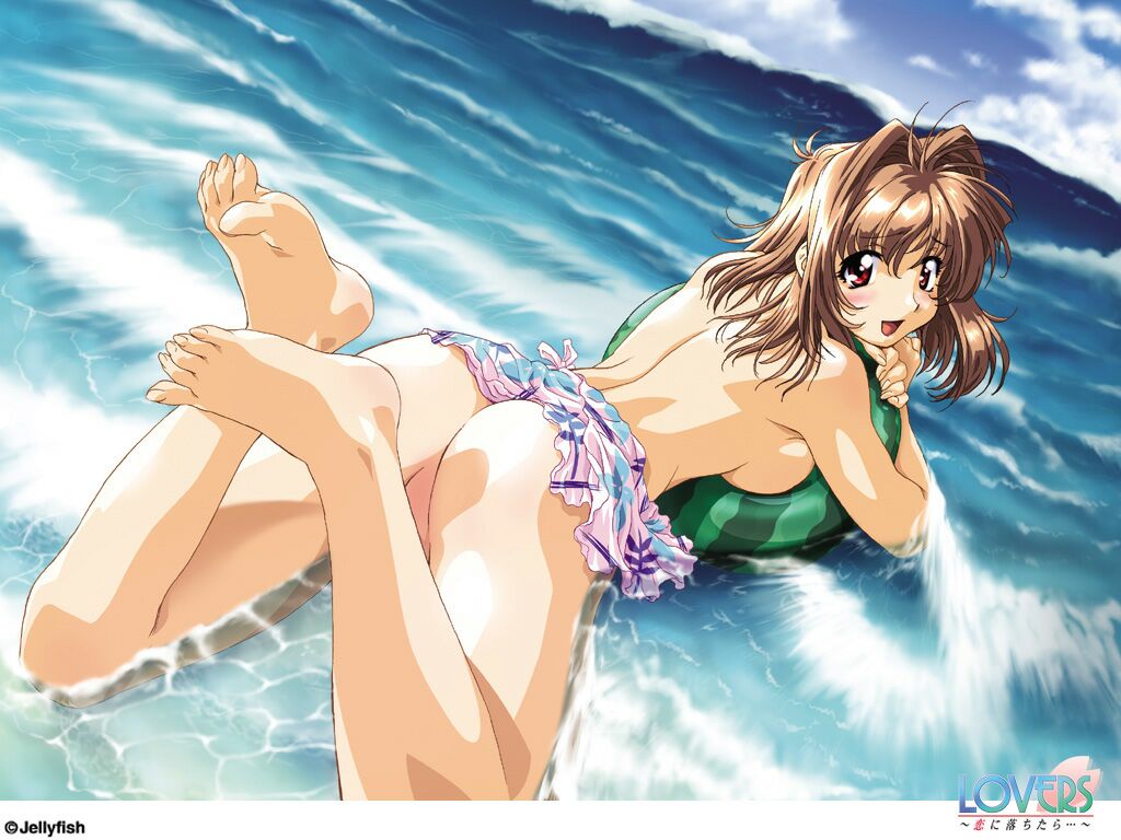 taki minashika, kawai rie, lovers (game), toe-point, duplicate, official art, official wallpaper, 1girl, antenna hair, ass, back, ball, barefoot, beach, beachball, blush, bottomless, breasts, brown hair, caustics, clothes lift, copyright name, day, embarrassed, feet, female focus, food, from behind, from side, fruit, hair between eyes, hair intakes, holding, holding food, holding fruit, looking at viewer, looking back, medium breasts, no pussy, open mouth, outdoors, raised eyebrows, red eyes, sarong, sarong lift, solo, spread legs, toenails, toes, topfreedom, topless female, water, watermelon