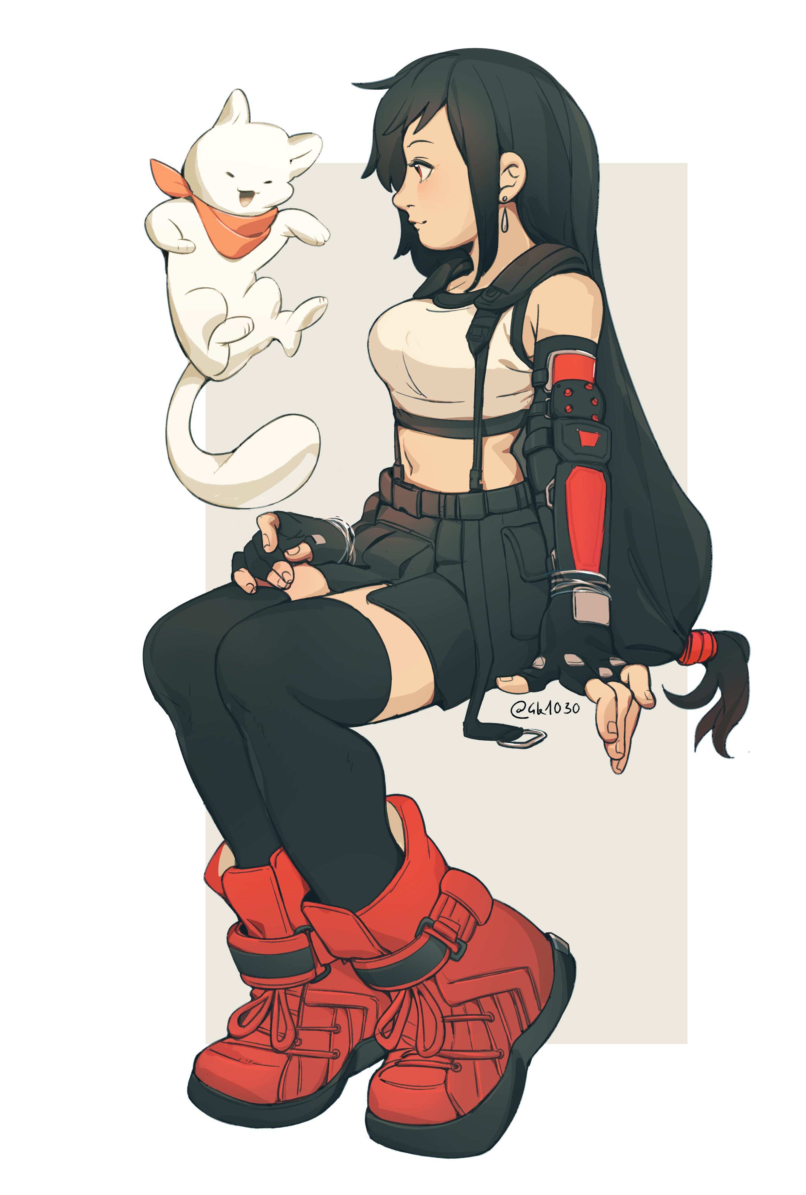 4k1030, maru (ff7), tifa lockhart, final fantasy, final fantasy vii, final fantasy vii rebirth, final fantasy vii remake, absurdres, highres, 1girl, animal, bandana, bandana around neck, bare shoulders, black gloves, black hair, black skirt, black sports bra, black thighhighs, boots, breasts, cat, closed mouth, crop top, elbow gloves, fingerless gloves, full body, gloves, invisible chair, long hair, looking at another, low-tied long hair, medium breasts, midriff, miniskirt, navel, red bandana, red boots, red eyes, single arm guard, sitting, skirt, sports bra, suspender skirt, suspenders, tank top, thighhighs, twitter username, white cat, white fur, white tank top