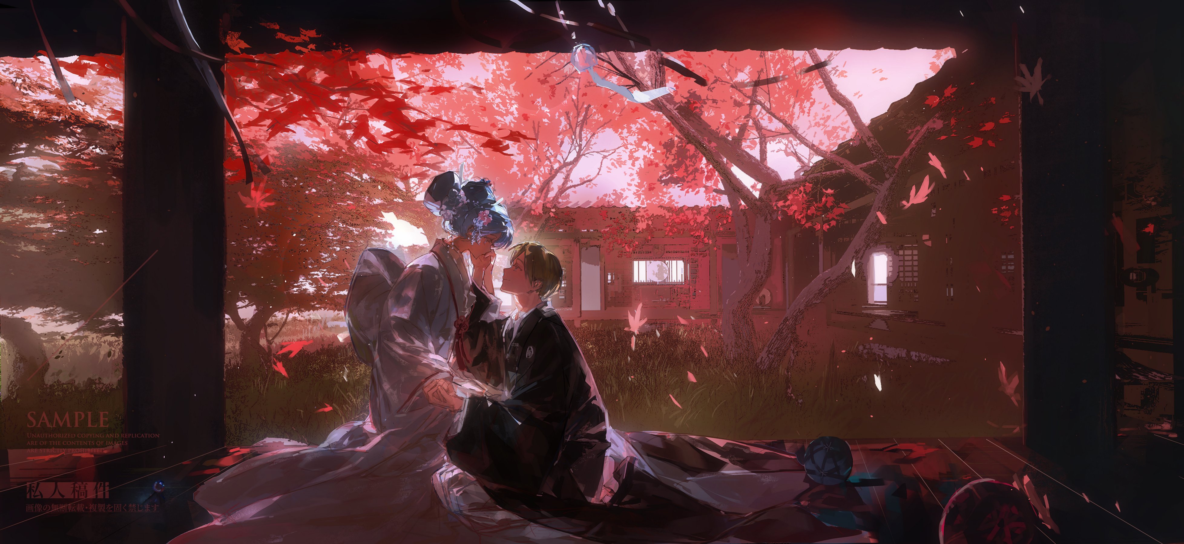tian (my dear), original, absurdres, commission, highres, 1boy, 1girl, architecture, ball, black kimono, blue eyes, blue hair, blue kimono, east asian architecture, falling leaves, flower, full body, green hair, hair bun, hair flower, hair ornament, holding hands, japanese clothes, kimono, kneeling, leaf, long hair, long sleeves, looking at another, maple leaf, pants, parted bangs, pleated pants, red leaf, red rope, red sky, red theme, rope, sandals, short hair, sky, smile, tabi, tassel, temari ball, white pants, wide shot, wind chime