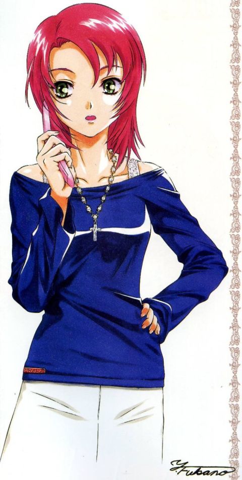 fukano youichi, yuuki nao, my-hime, my-otome, 00s, blouse, blue shirt, casual, cellphone, jewelry, necklace, phone, red hair, shirt, solo