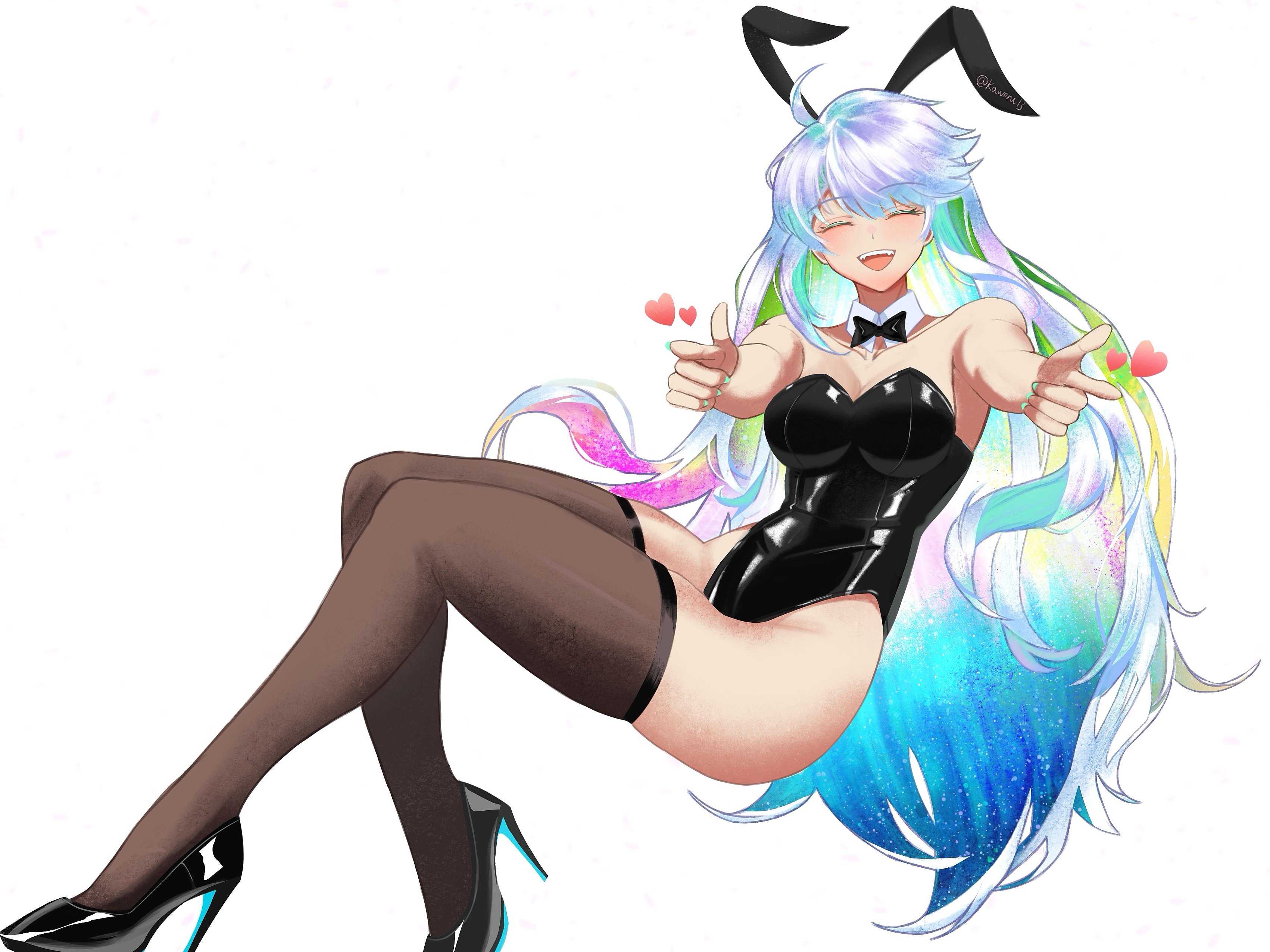 kaworu13, kukulkan (fate), fate/grand order, fate (series), absurdres, highres, 1girl, animal ears, black bow, black leotard, black thighhighs, bow, collarbone, detached collar, fake animal ears, finger gun, gradient hair, heart, high heels, leotard, long hair, multicolored hair, open mouth, playboy bunny, rabbit ears, skindentation, smile, solo, stiletto heels, thighhighs, white background