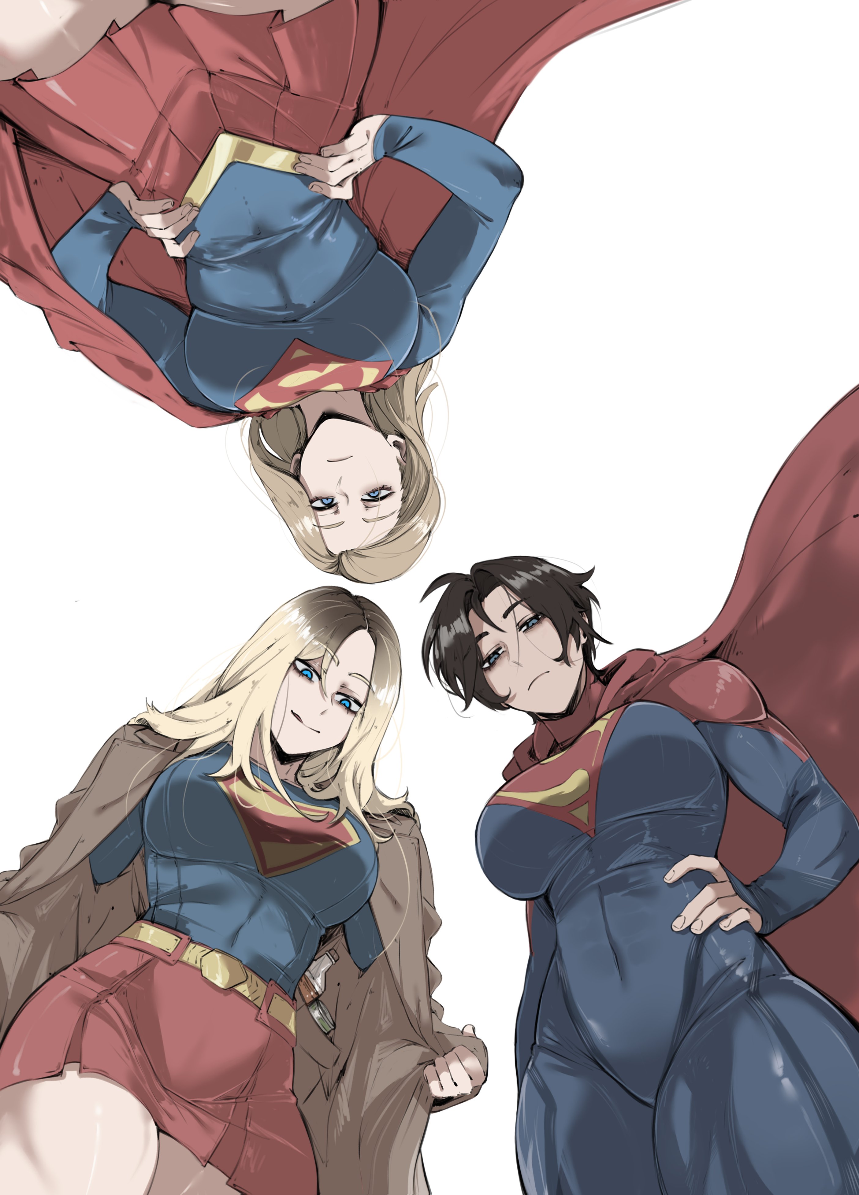 masoq, supergirl, dc comics, dc extended universe, superman (2025), superman (series), the flash (movie), absurdres, highres, 3girls, beer bottle, belt, blonde hair, blue bodysuit, blue eyes, bodysuit, brown coat, cape, coat, covered navel, emblem, hand on own hip, hands on own hips, in-franchise crossover, looking at viewer, looking down, multiple girls, red cape, red skirt, short hair, skirt, supergirl (2015), superhero costume, thighs