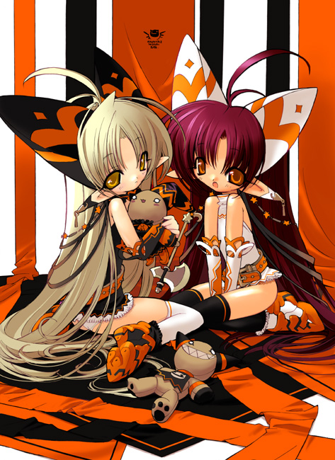 blade (galaxist), 2girls, ahoge, axe, bare shoulders, belt, blonde hair, ear ornament, earrings, elbow gloves, elf, gloves, jewelry, long hair, multiple girls, open mouth, orange eyes, panties, pantyshot, pointy ears, purple hair, sitting, stuffed animal, stuffed toy, thighhighs, underwear, very long hair, weapon, white panties, yellow eyes