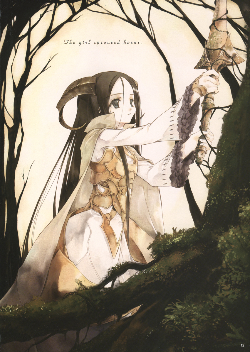 sumi keiichi, original, highres, 1girl, armor, bare tree, black hair, breastplate, cloak, english text, fantasy, female focus, frilled sleeves, frills, grey eyes, hair between eyes, holding, holding sword, holding weapon, horns, long hair, long sleeves, moss, solo, sword, tree, very long hair, weapon