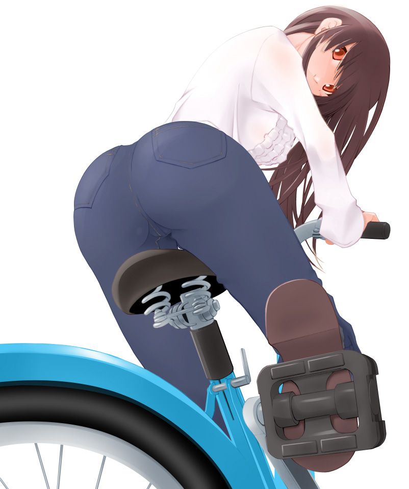 miito shido, original, 1girl, ass, bad anatomy, bad face, bicycle, breasts, brown hair, denim, female focus, jeans, long hair, looking back, orange eyes, pants, shoes, skin tight, solo