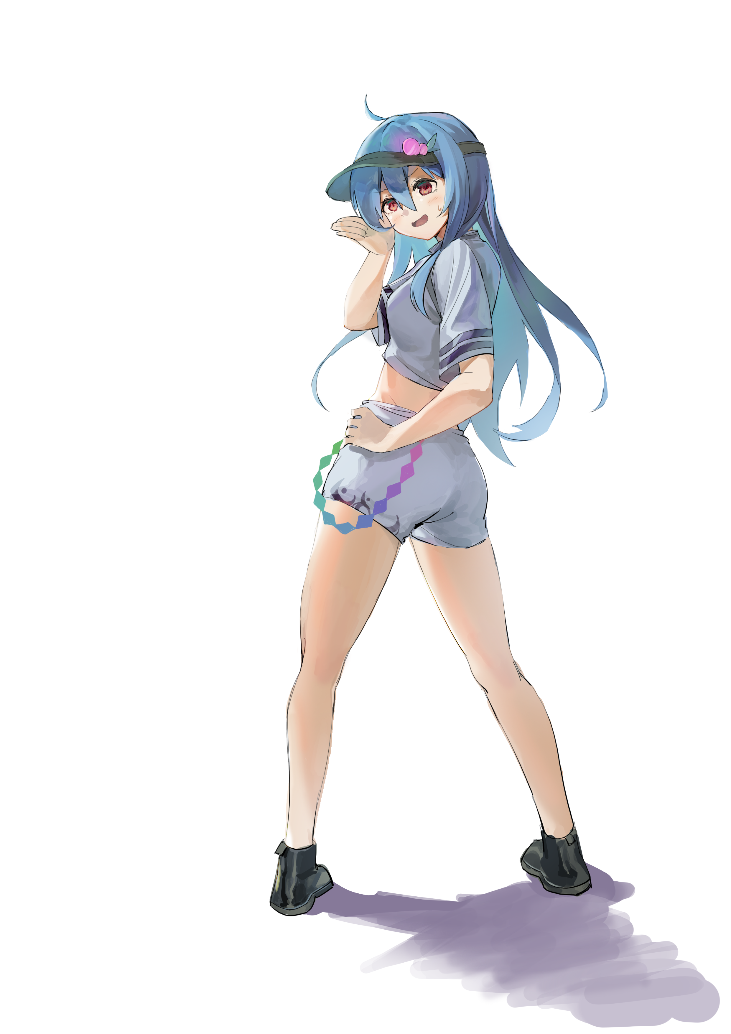 yorange17, hinanawi tenshi, touhou, absurdres, commentary, highres, 1girl, alternate costume, alternate headwear, black shoes, blue hair, blush, breasts, full body, green hat, hat, long hair, looking at viewer, open mouth, peach hat ornament, red eyes, shadow, shirt, shoes, short sleeves, shorts, simple background, smile, solo, sweatdrop, very long hair, visor cap, white background, white shirt, white shorts