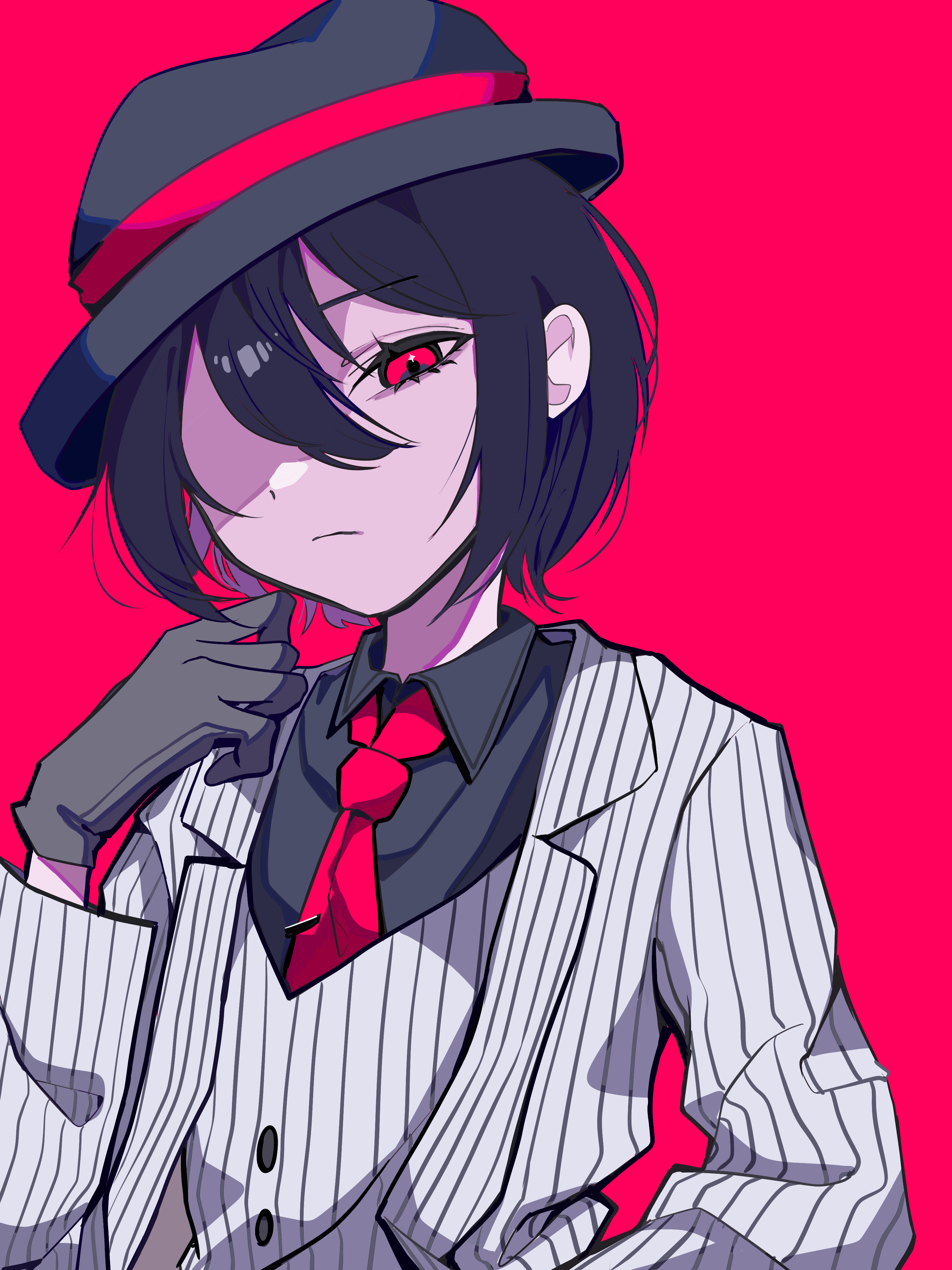 kris (dark world) (deltarune), kris (deltarune), kris (gangster) (deltarune), deltarune, utdr (toby fox), absurdres, commentary request, highres, 1other, alternate skin color, black gloves, black hair, black hat, black shirt, closed mouth, collared shirt, gloves, hat, jacket, long sleeves, necktie, raique, red background, red eyes, red necktie, shirt, short hair, simple background, striped clothes, striped jacket, striped vest, upper body, vertical-striped clothes, vertical-striped jacket, vertical-striped vest, vest