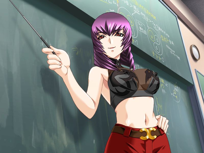 bou (inubou), kouzuki yuuko, 5pb., muv-luv, game cg, 1girl, belt, bra, breasts, chalkboard, covered erect nipples, crop top, female focus, hand on own hip, hip focus, large breasts, lingerie, midriff, pointer, purple eyes, purple hair, smile, solo, teacher, underwear