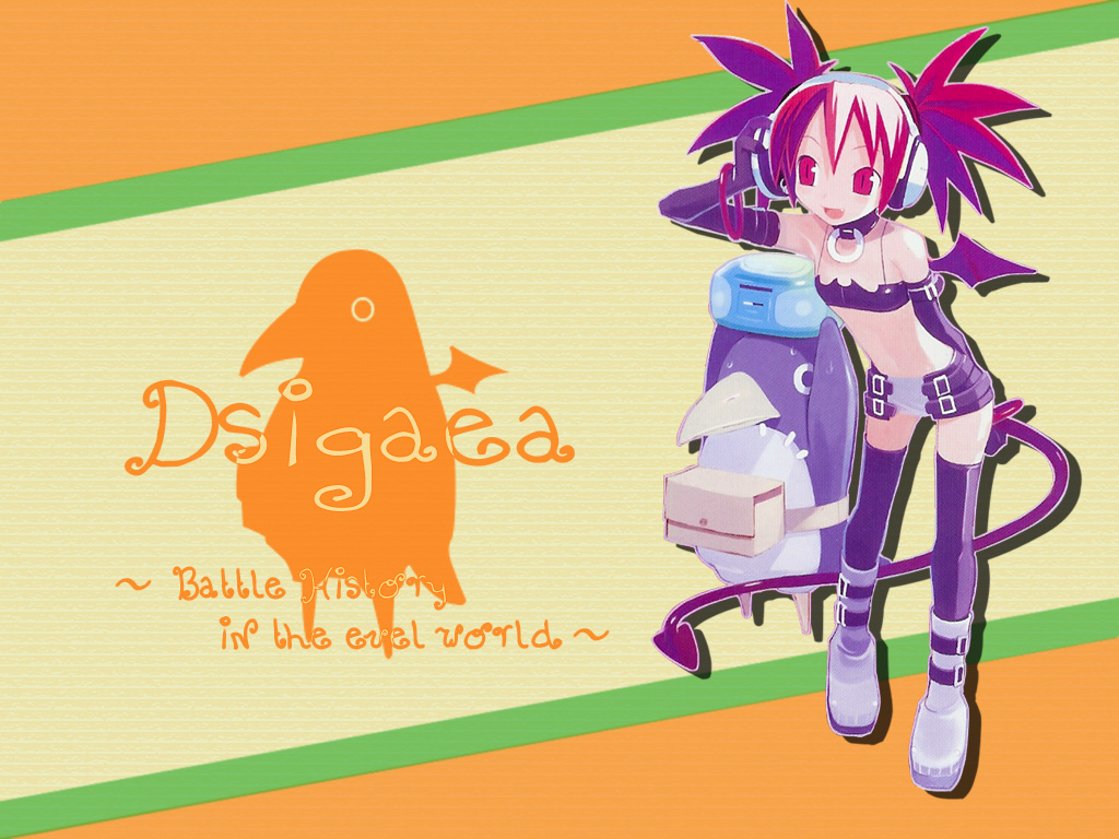 harada takehito, etna (disgaea), prinny, disgaea, makai senki disgaea 2, official art, official wallpaper, 1girl, :d, arm behind back, bare shoulders, bat wings, belt, bikini, bikini top only, bird, boombox, boots, choker, copyright name, demon girl, demon tail, elbow gloves, english text, female focus, flat chest, from side, full body, gloves, gradient hair, hand on headphones, hand on own ear, headphones, midriff, mini wings, miniskirt, multicolored hair, object on head, open mouth, parted bangs, pencil skirt, penguin, purple belt, purple bikini, purple thighhighs, red eyes, red hair, short twintails, skirt, smile, solo, spiked hair, swimsuit, tail, thighhighs, twintails, typo, white boots, wings, zettai ryouiki