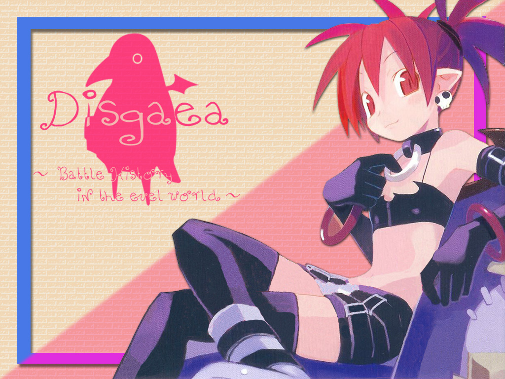 harada takehito, etna (disgaea), prinny, disgaea, makai senki disgaea 2, nippon ichi, official art, official wallpaper, 1girl, armpits, bat wings, bikini, bikini top only, black bikini, black gloves, black thighhighs, boots, bracelet, copyright name, demon girl, earrings, elbow gloves, english text, female focus, from side, gloves, jewelry, mini wings, miniskirt, parted bangs, pencil skirt, pink background, pointy ears, red eyes, red hair, sitting, skirt, skull earrings, solo, stomach, swimsuit, tail, thighhighs, twintails, white boots, wings, zettai ryouiki