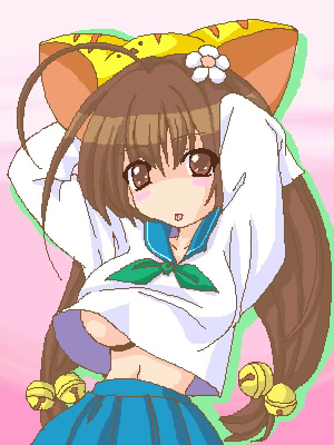 puchiko, di gi charat, alternate breast size, lowres, 1girl, aged up, alternate breast size (larger), animal ears, breasts, cat ears, female focus, large breasts, long sleeves, oekaki, pleated skirt, school uniform, serafuku, skirt, solo, underboob