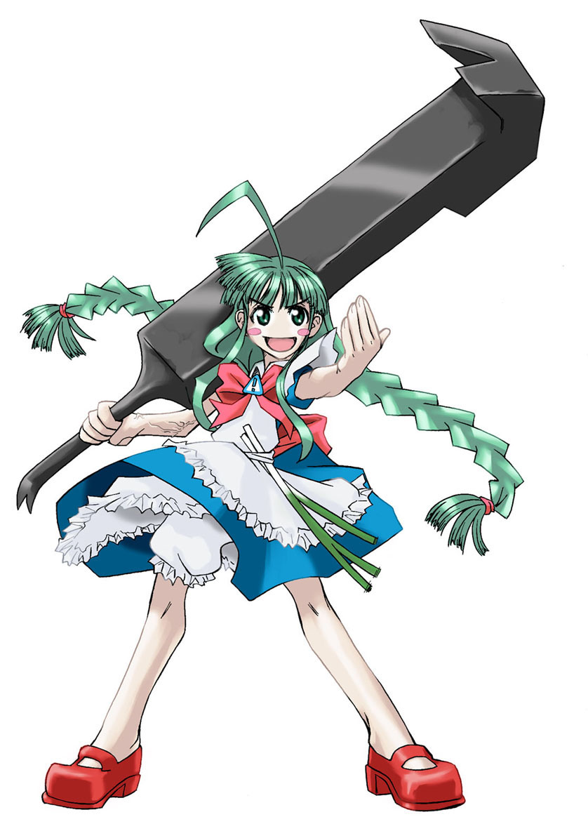 me-tan, os-tan, 1girl, ahoge, bloomers, blush, blush stickers, braid, crowbar, female focus, green eyes, green hair, holding, holding crowbar, huge ahoge, huge weapon, long hair, matching hair/eyes, red shoes, shoes, simple background, solo, spring onion, sword, twin braids, underwear, very long hair, weapon, white background, white bloomers