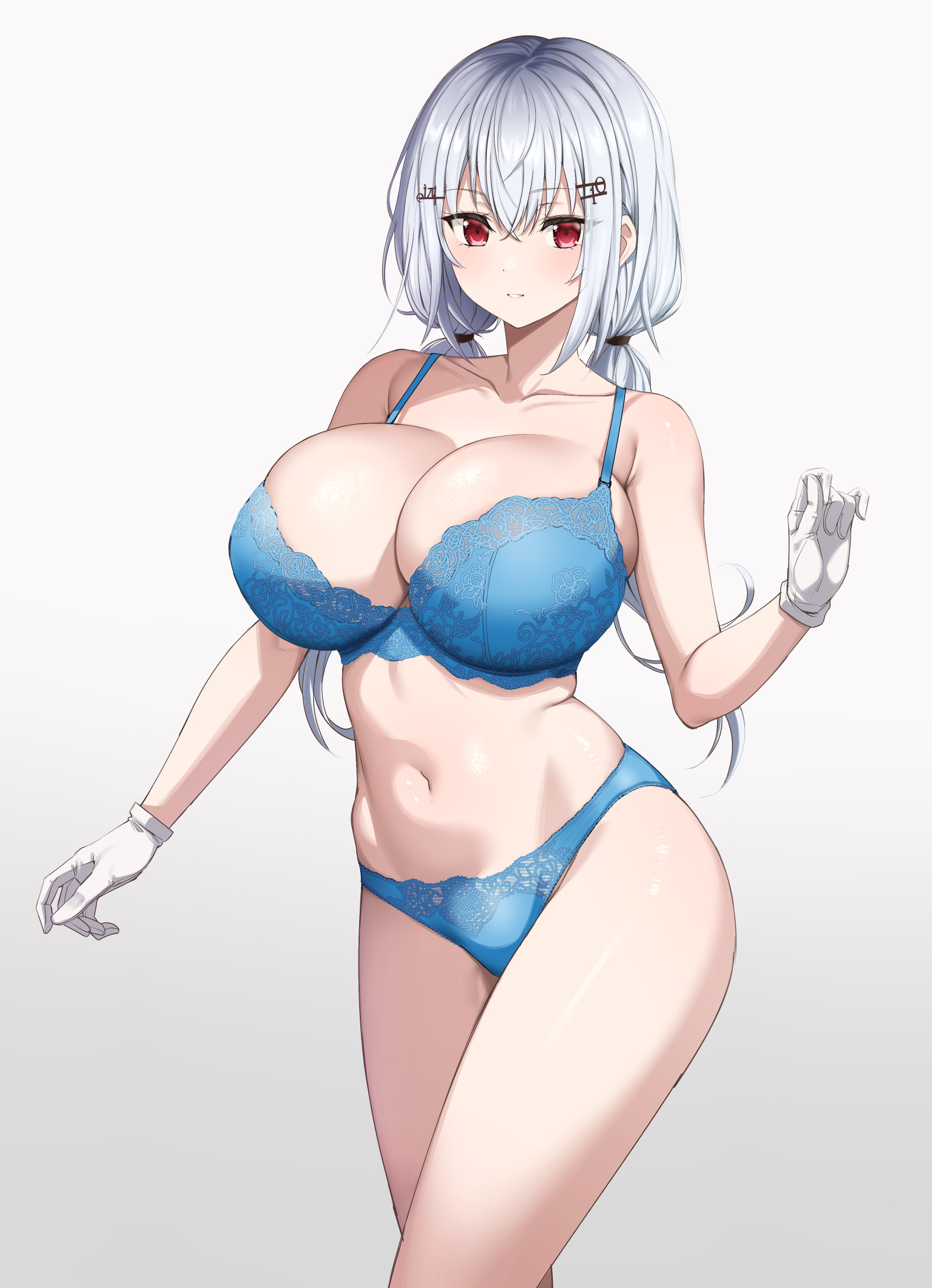 fuooooo, hakase fuyuki, nijisanji, commentary request, highres, variant set, 1girl, blue bra, blue panties, blush, bra, breasts, gloves, grey hair, hair between eyes, hair ornament, huge breasts, long hair, looking at viewer, low twintails, navel, panties, red eyes, simple background, solo, standing, stomach, thighs, twintails, underwear, underwear only, virtual youtuber, white background, white gloves
